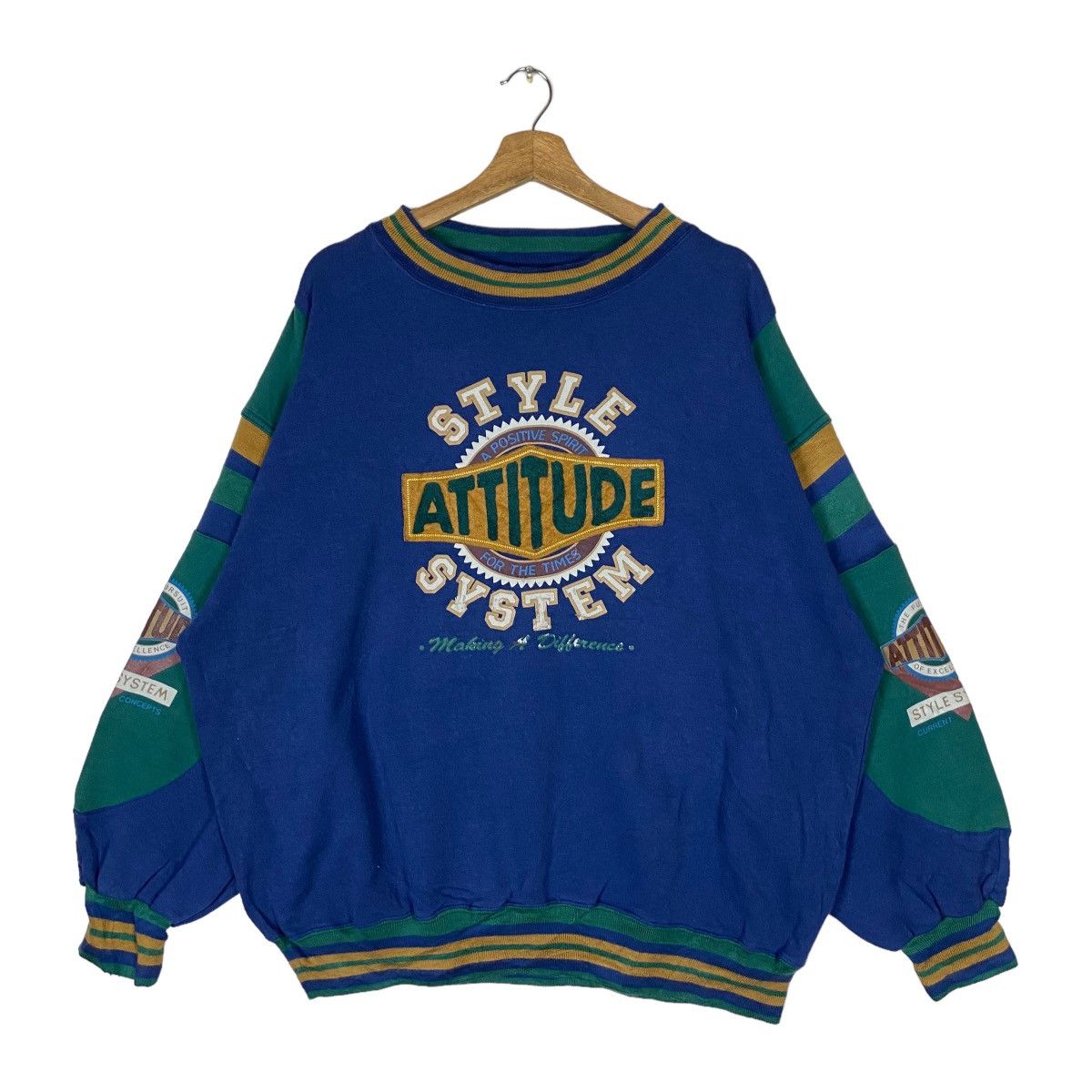 image of Vintage Today News Attitude Style System Multicolor Pullover in Yellow/Green/Blue (Size Large)