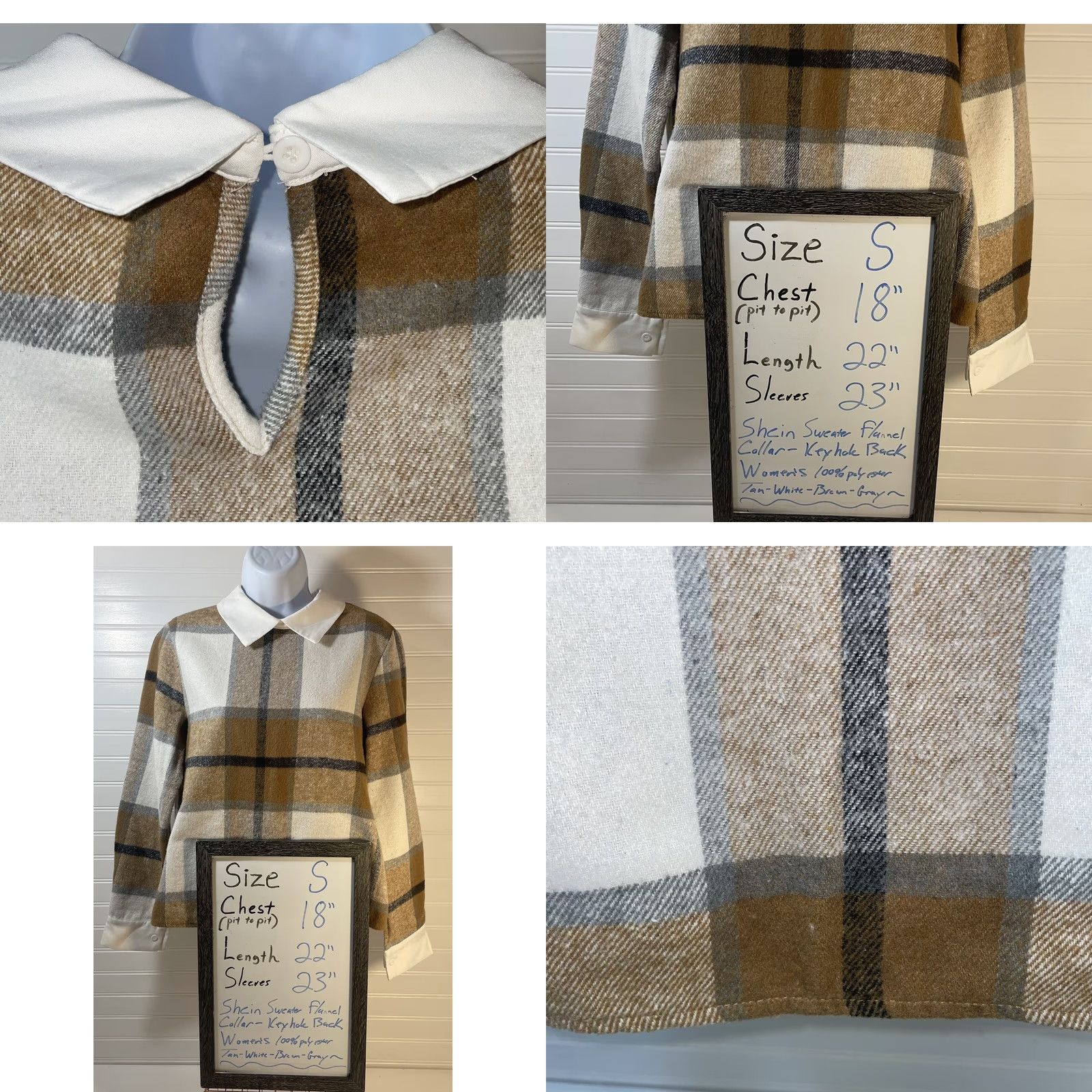 Shein SHEIN Blouse Shirt Women S Casual Plaid Tan Brown Keyhole Back Collar Button Long Sleeve Size S / US 4 / IT 40 - 10 Thumbnail