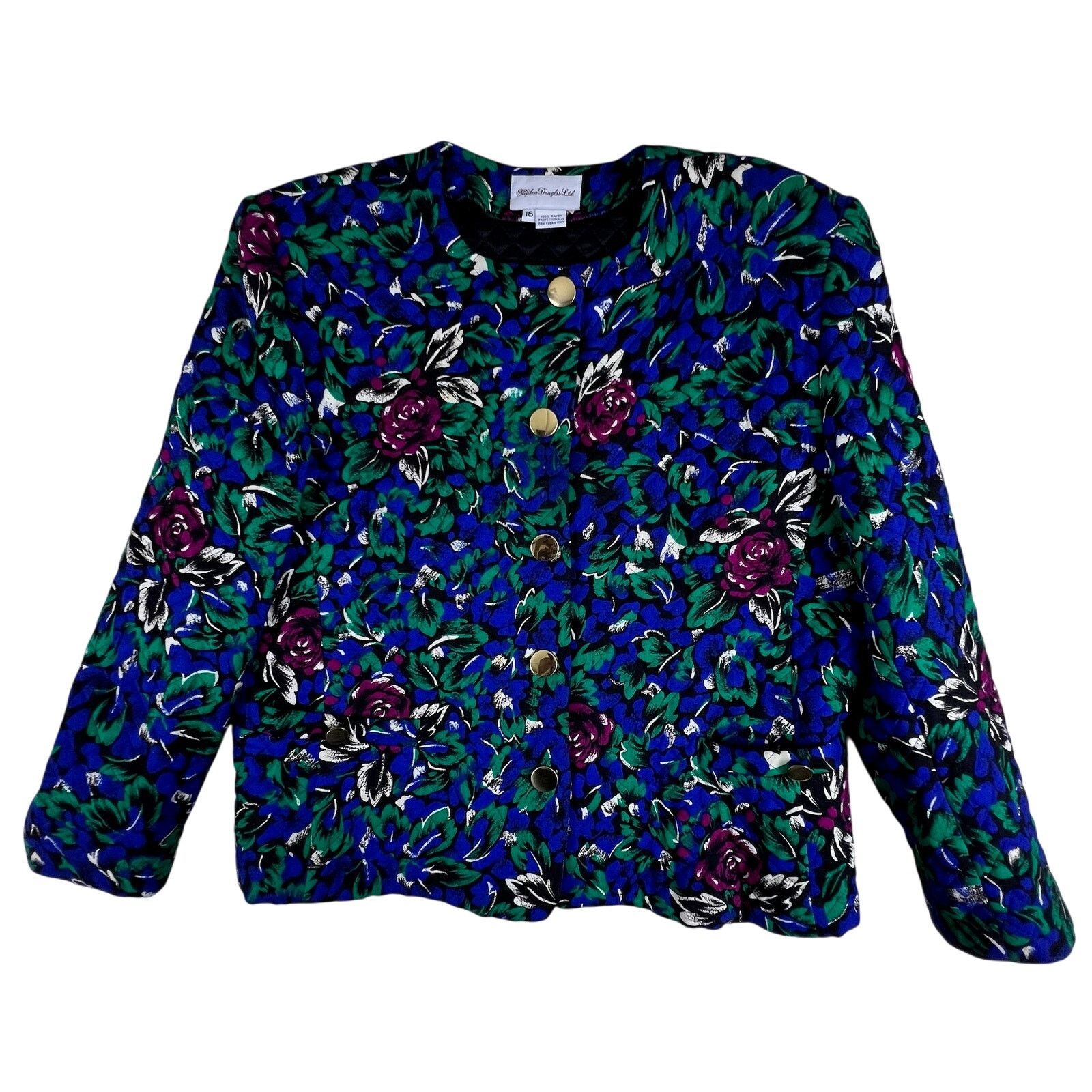 Vintage Vintage 80s Floral Quilted Jacket 16 | Blue Gold Glam Luxe Size XXL / US 16-18 / IT 52-54 - 4 Thumbnail