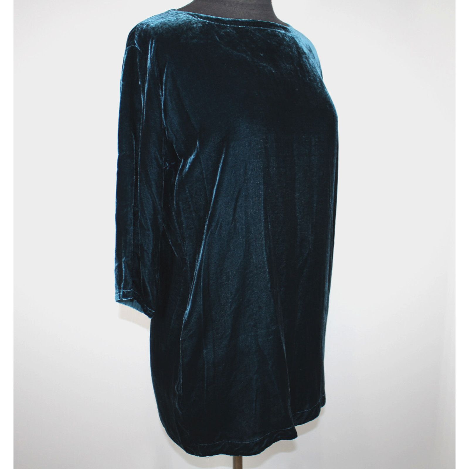 EILEEN FISHER Teal Velvet Crew Neck 3/4 Sleeve Dress Sz XXS