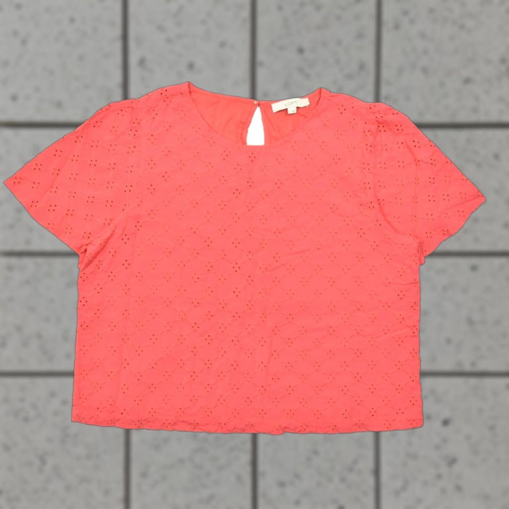 Loft LOFT Blouse Shirt Womens XL Coral Pink Eyelet Embroidered Short Sleeve Rayon Pullover Round Neck Casual Summer Spring Size XL / US 12-14 / IT 48-50 - 1 Thumbnail