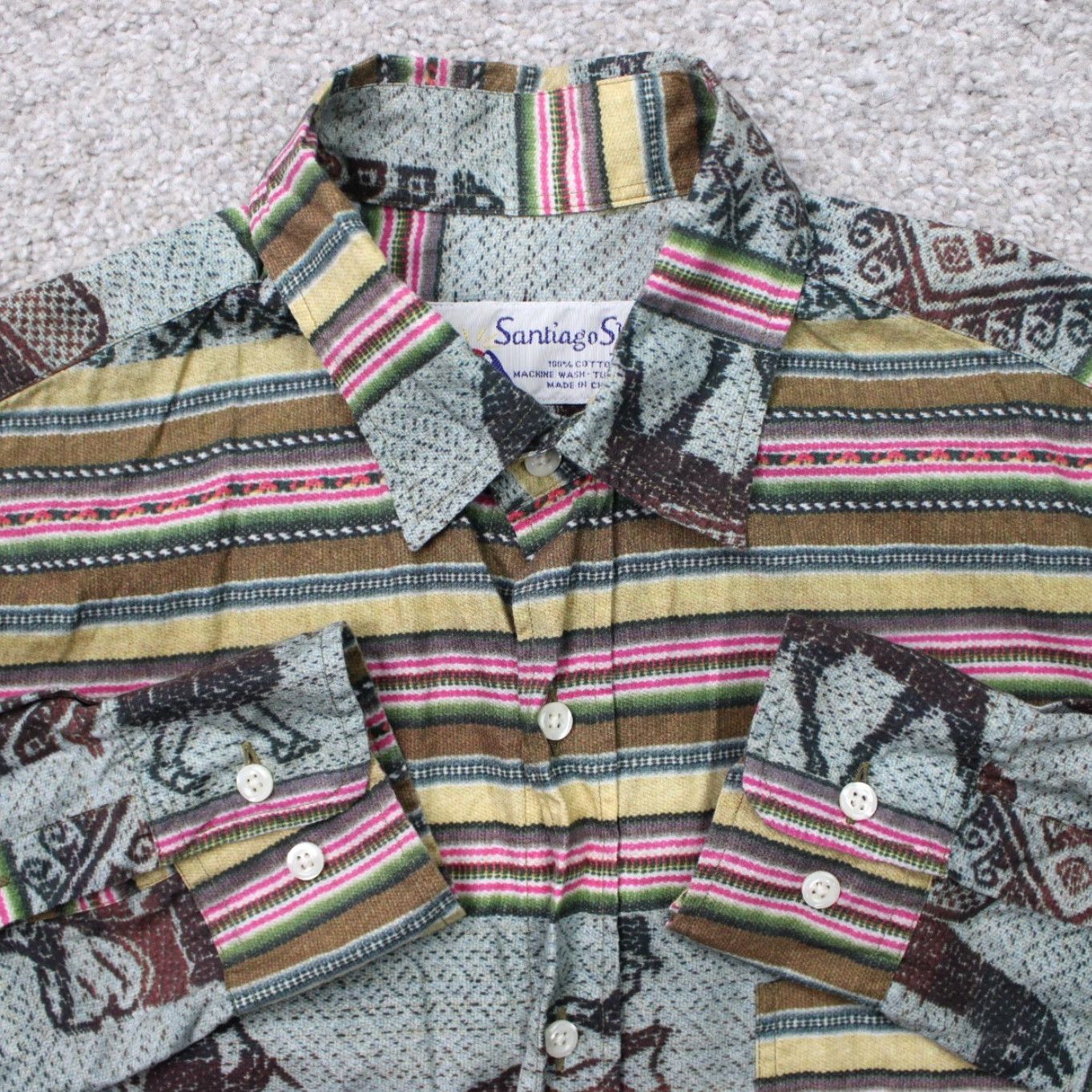 Vintage VTG Gitman Santiago Shirt Mens Small Green/Pink/Yellow Southwestern S/S Button Up Shirt Size US S / EU 44-46 / 1 - 2 Thumbnail