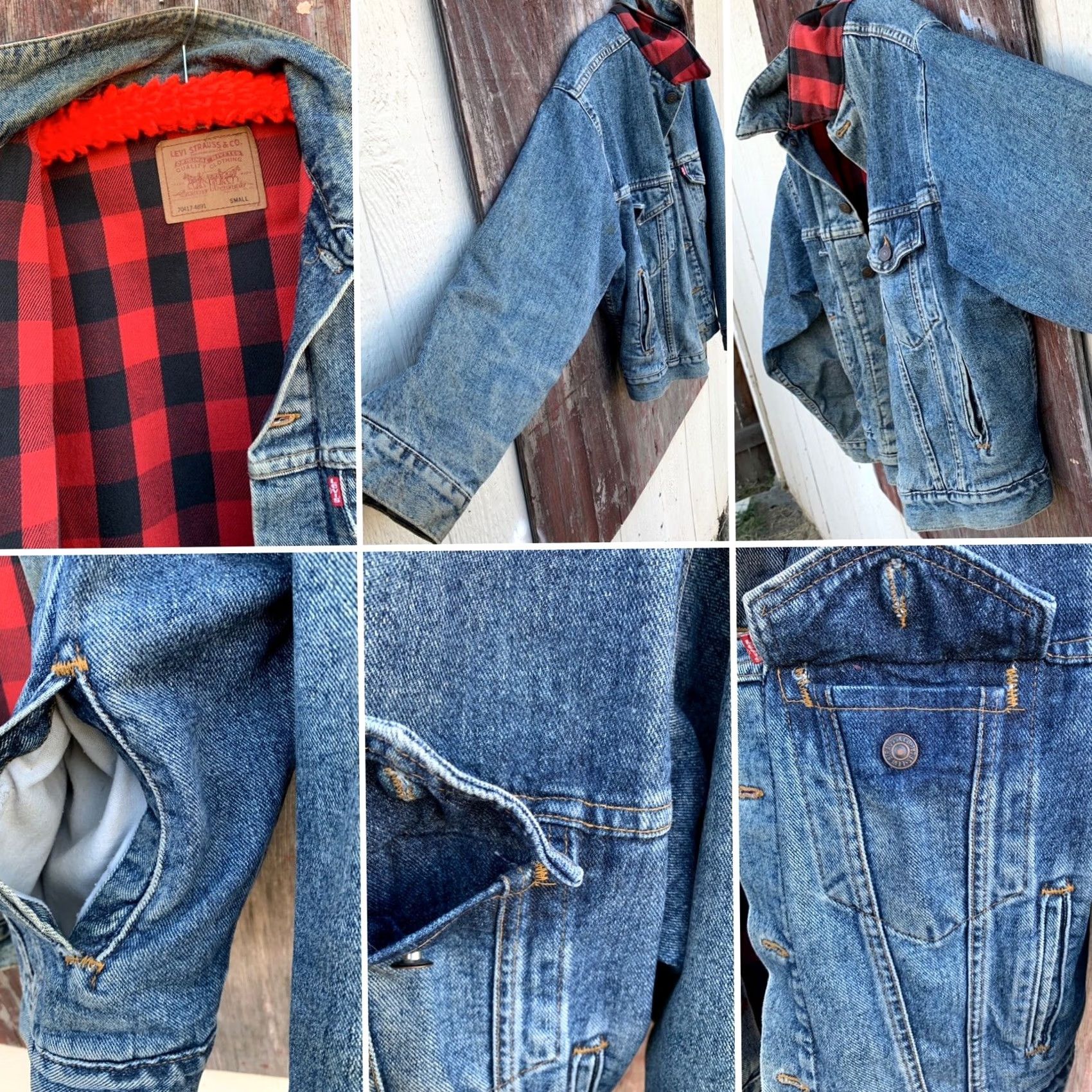 Levi's VINTAGE Levi's Denim Jacket Buffalo Plaid Lined Made In USA Cowboy Core Trucker S Mens Jacket Wide Western 70417-4891 Blue Denim Cotton Lined Vintage Size US S / EU 44-46 / 1 - 6 Thumbnail
