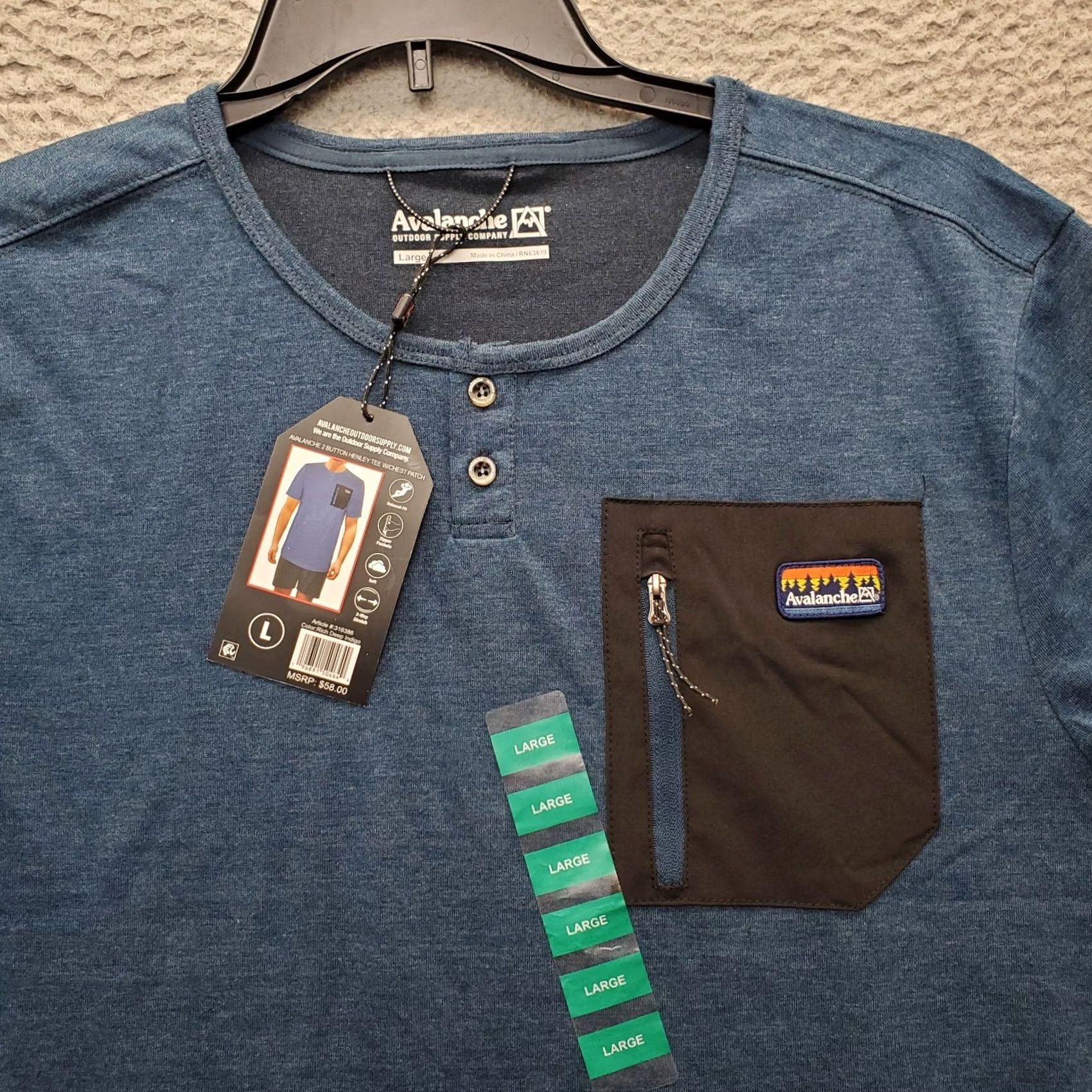 Avalanche Avalanche Mens Blue Henley Tee Shirt 2 Button Short Sleeve with Chest Patch L Size US L / EU 52-54 / 3 - 5 Thumbnail