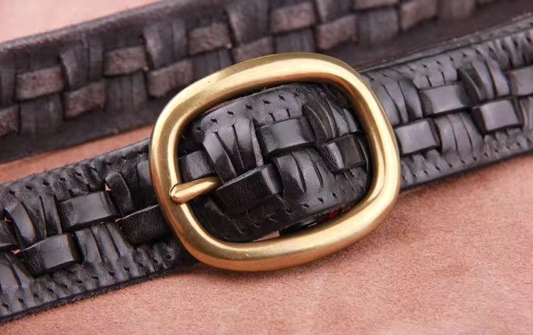 Leather × Vintage Vintage Handmade Leather Weave Copper Buckle Men's Belt Size ONE SIZE - 4 Thumbnail