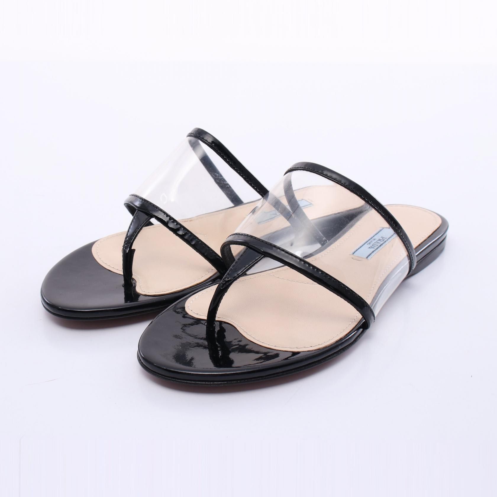 Prada Prada 1Y847Fi Patent Leather Vinyl Sandals Enamel Shoes 1Y847Fi in Black, Women's