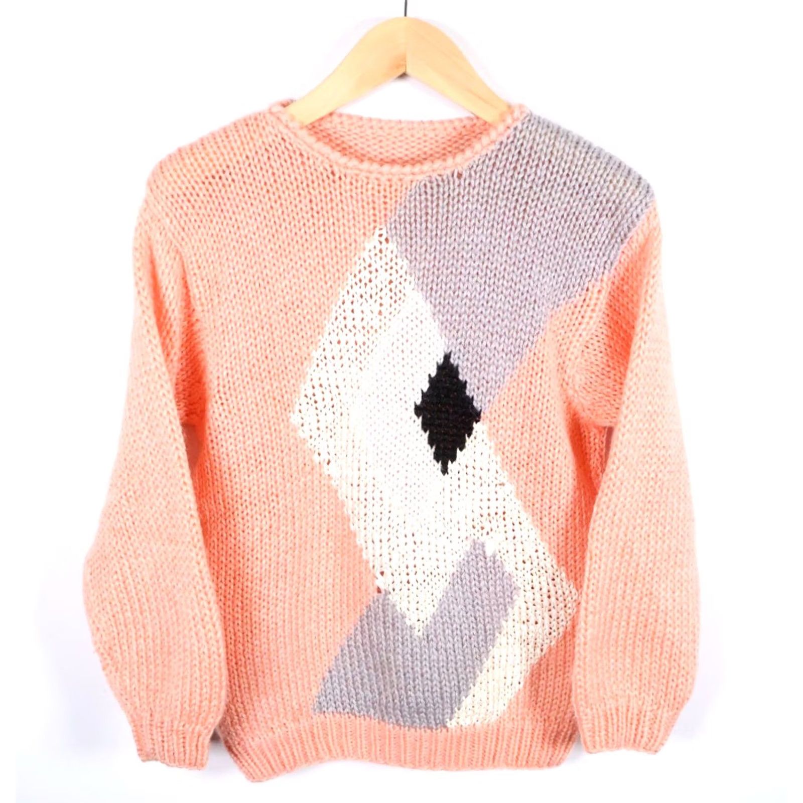 Pinko VINTAGE 80s Chunky Knit Sweater Women's Medium Pink Gray Geometric Acrylic VTG Pullover Crew Neck Casual Hipster Retro Womens Size S / US 4 / IT 40 - 2 Thumbnail