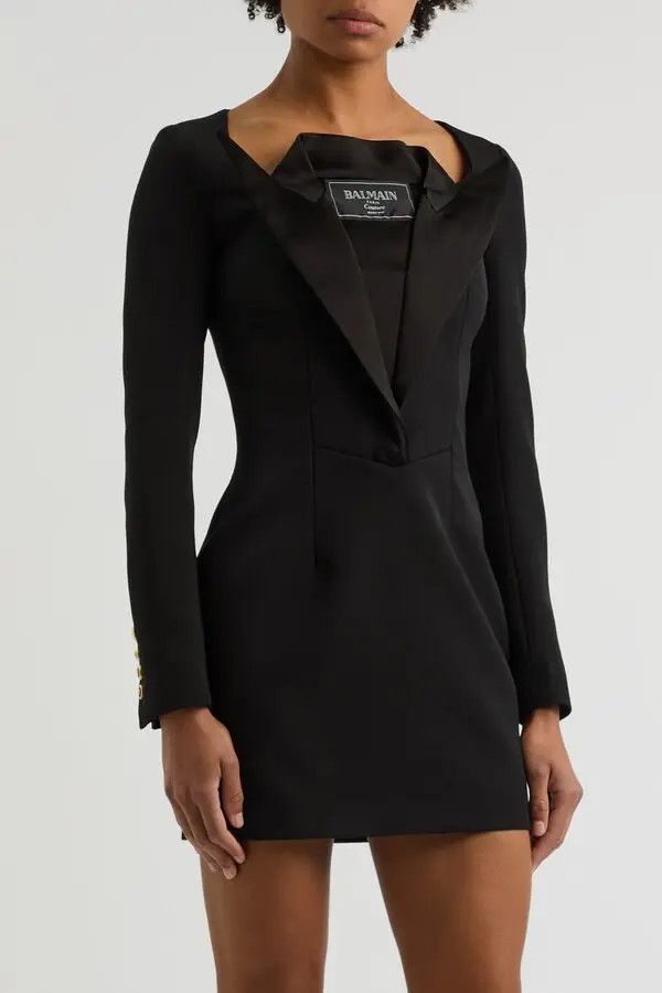Balmain o1s1wg110526 Jacket-Effect Layered Wool Mini Dress in Black Size L / US 10 / IT 46 - 2 Thumbnail