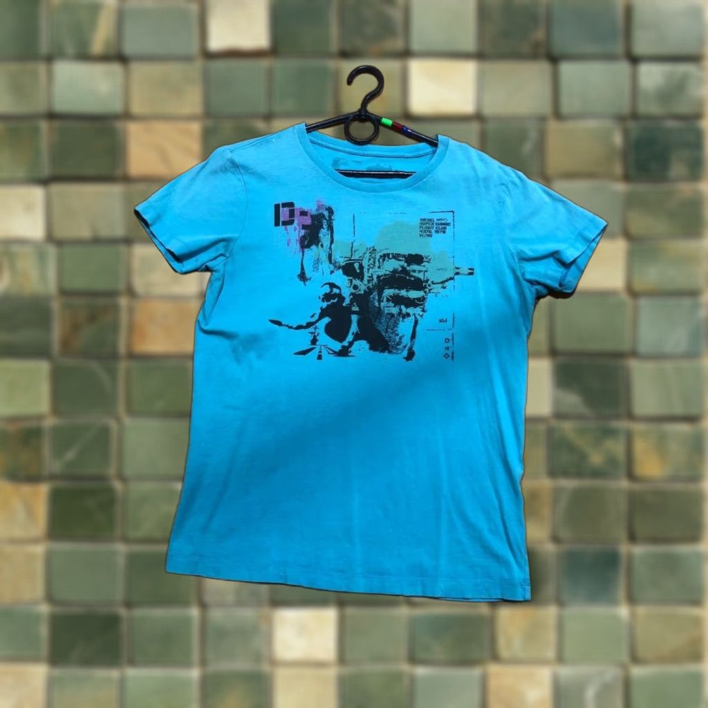 DIESEL VINTAGE BIG CENTER LOGO T SHIRT M BLUE Logo Cotton Men T-Shirt Short Sleeve Crew Neck