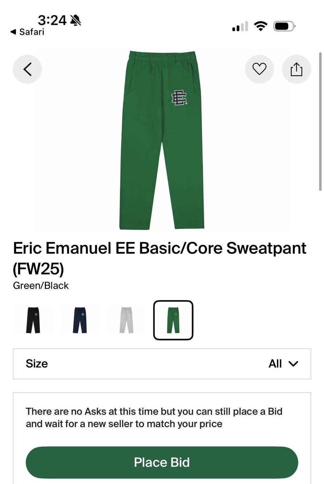 Eric Emanuel Eric Emanuel EE Basic/Core Sweatpant FW25 — Green/Black, L Size US 32 / EU 48 - 3 Thumbnail
