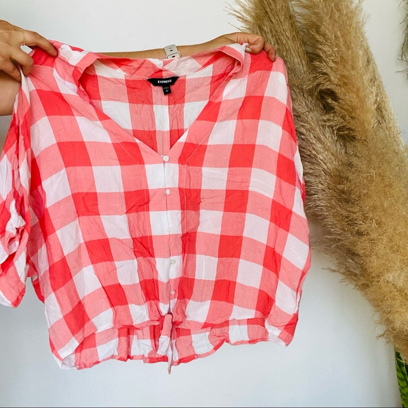 Express EXPRESS Pink Salmon White Picnic Button Tie Blouse Shirt Top Size S / US 4 / IT 40 - 7 Thumbnail