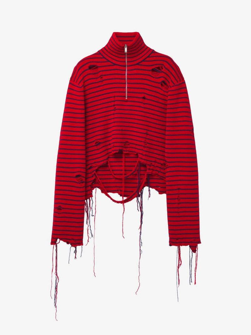 Alexander McQueen o1srvl11e0226 Distressed Striped Jumper In Red/Navy Size US L / EU 52-54 / 3 - 1 Thumbnail