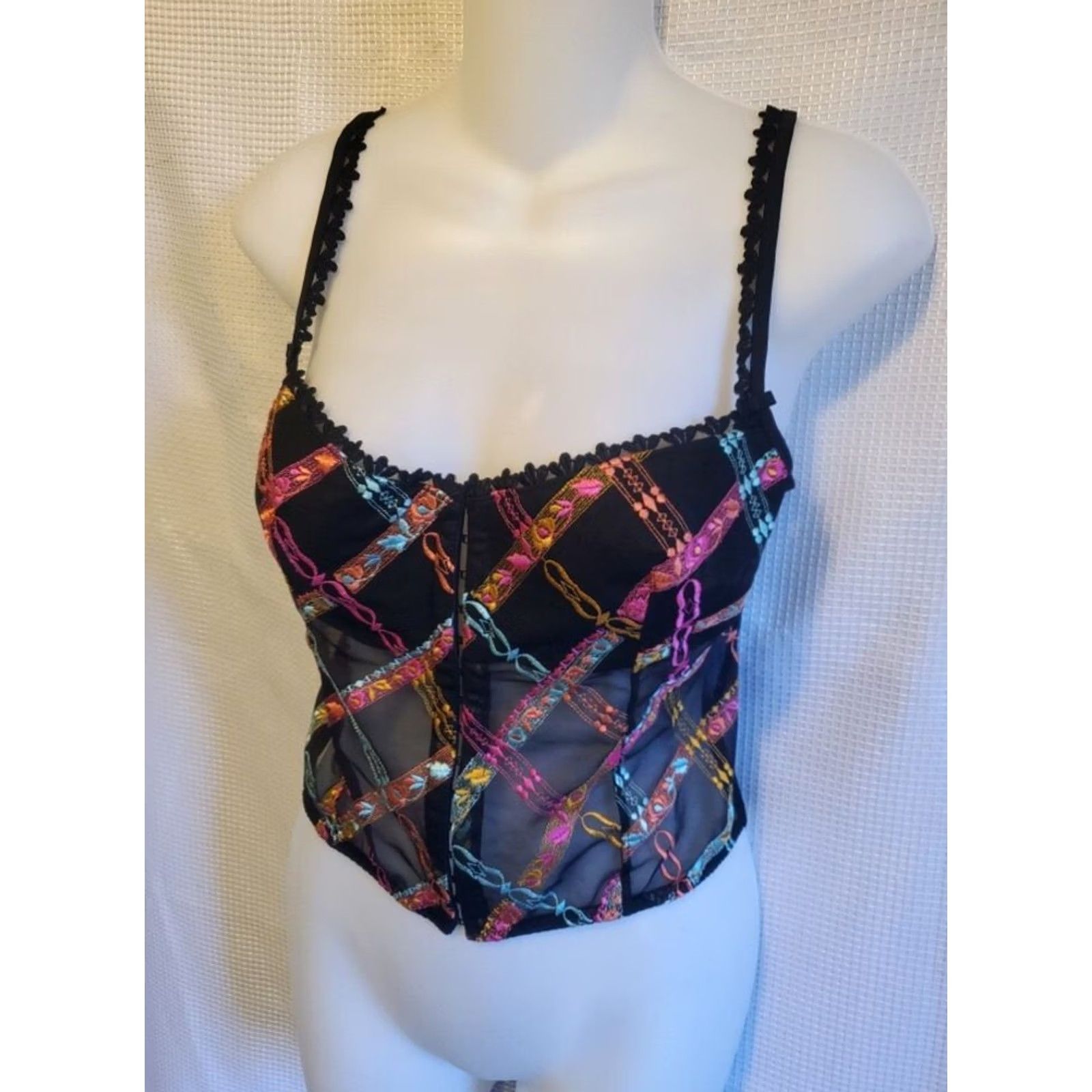 Vintage Mob Wife Embroidered Corset Camisol Womens Black Sheer Hook Loop S 30C Size S / US 4 / IT 40 - 5 Thumbnail