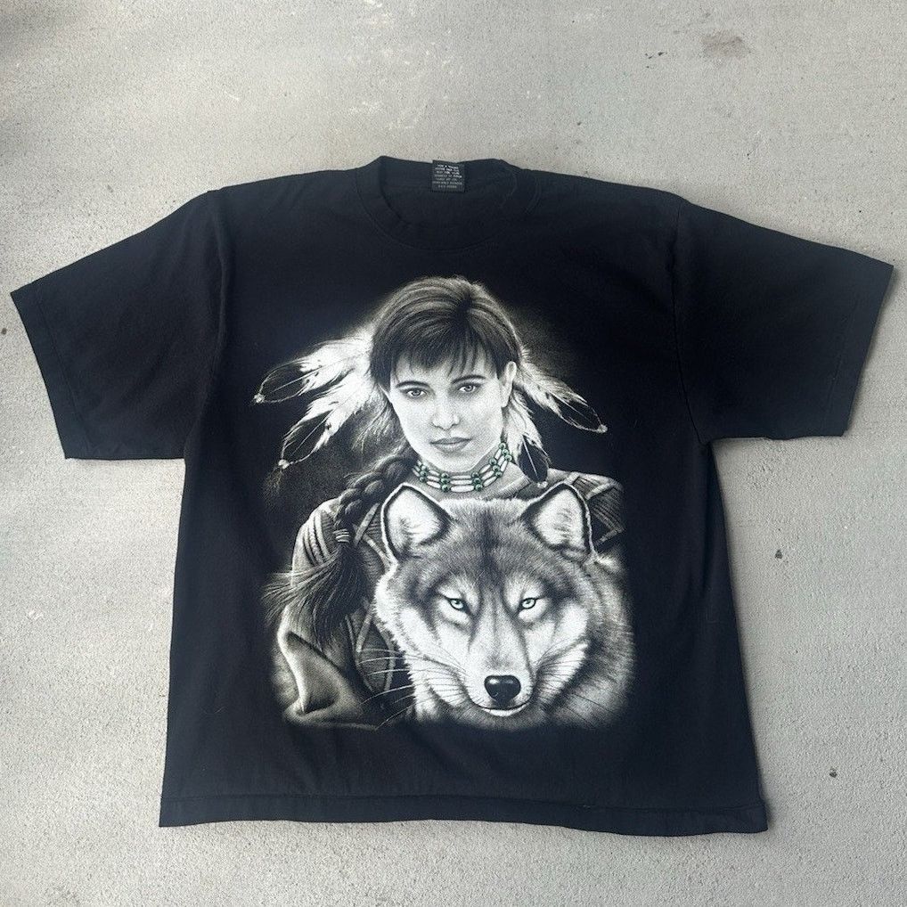 Vintage VTG 90s Rock Eagle Black Thailand TShirt XL Wolf Native Girl Size US L / EU 52-54 / 3 - 1 Thumbnail