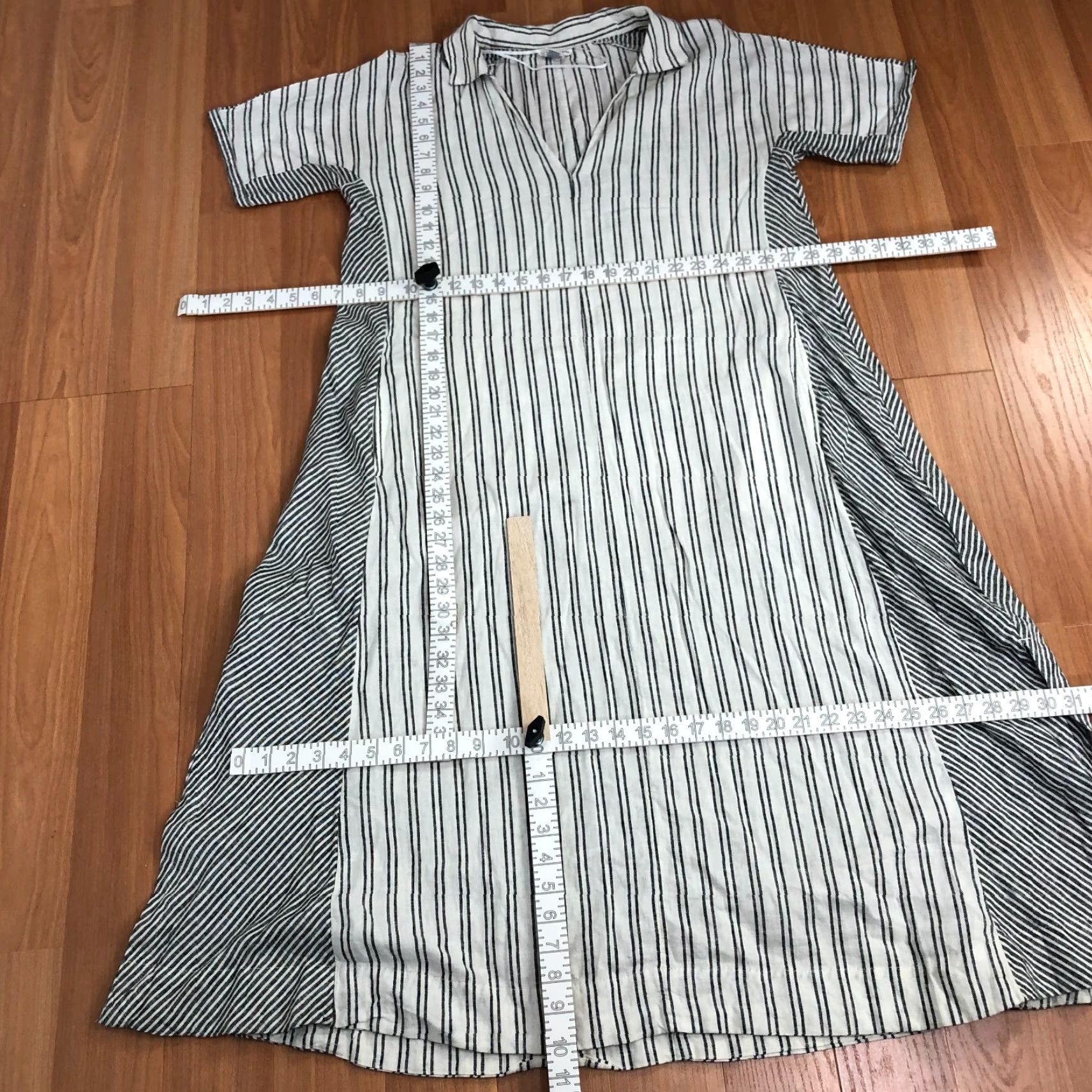 Lucky Brand Lucky Brand Black Linen Rayon V-Neck Popover A-Line Midi Dress Women Medium Below Knee Short Sleeve Striped Pattern Size M / US 6-8 / IT 42-44 - 6 Thumbnail