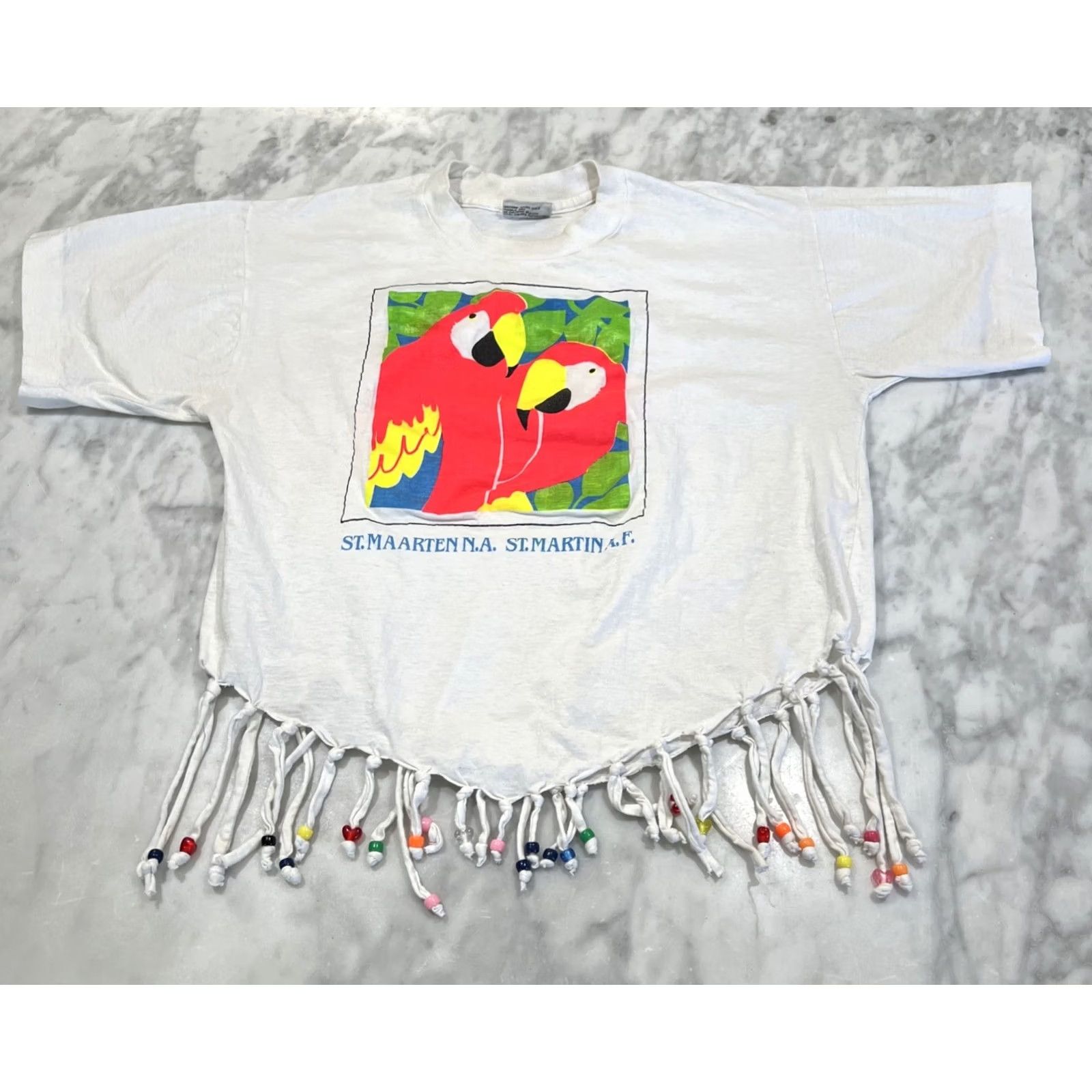 Vintage VINTAGE St Maarten T Shirt M Fringe Beaded Neon Parrots Single Stitch Women’s Size M / US 6-8 / IT 42-44 - 2 Thumbnail