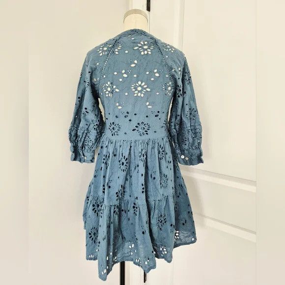 Anthropologie dRA Yara Teal 1/2 Button 3/4 Sleeve Eyelet Dress Boho Comfy Size XS / US 0-2 / IT 36-38 - 10 Thumbnail