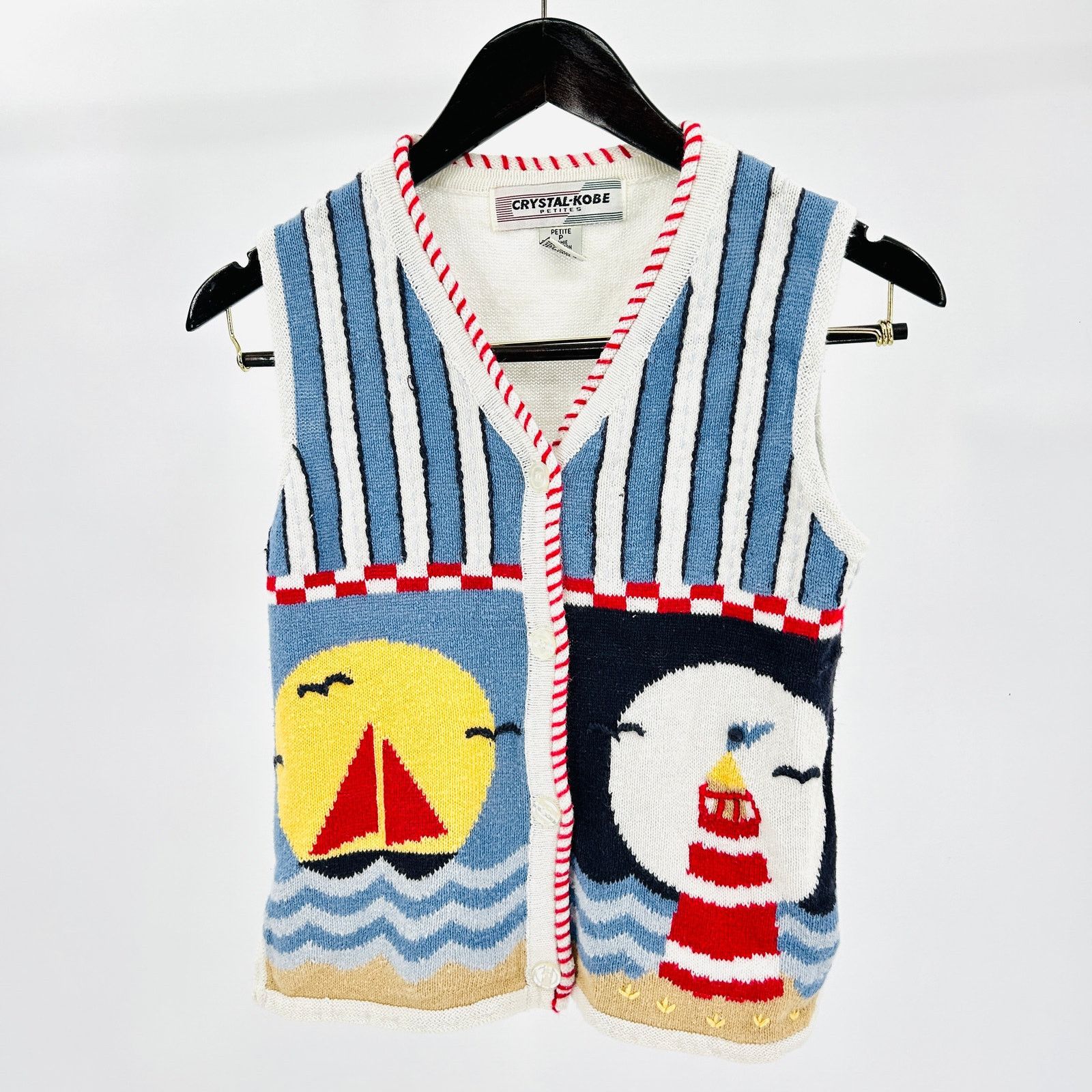 Vintage Vintage 90s Blue White Nautical Lighthouse Sweater Vest Size S / US 4 / IT 40 - 1 Thumbnail