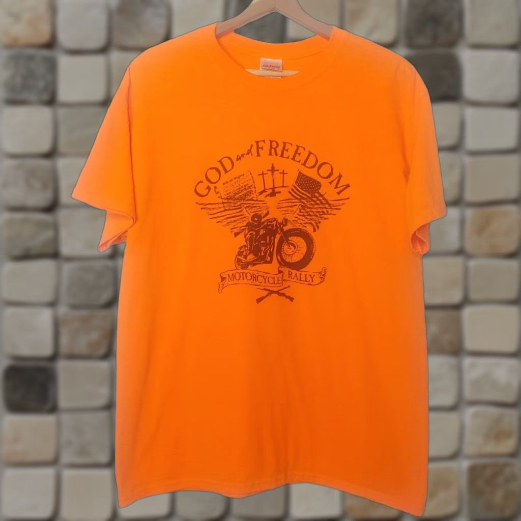 Gildan Gildan God & Freedom Motorcycle Rally Shirt Orange L Men's Short Sleeve Crew Neck Christian Biker Patriot Bikers for Christ USA Jesus Shirt Size US L / EU 52-54 / 3 - 1 Thumbnail