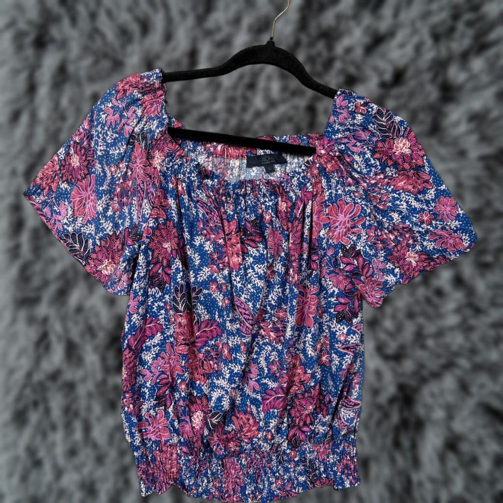 Vintage Rachel Rachel Roy Blouse Womens L Blue Pink Floral Smocked Boho Chic Cottagecore Size L / US 10 / IT 46 - 1 Thumbnail