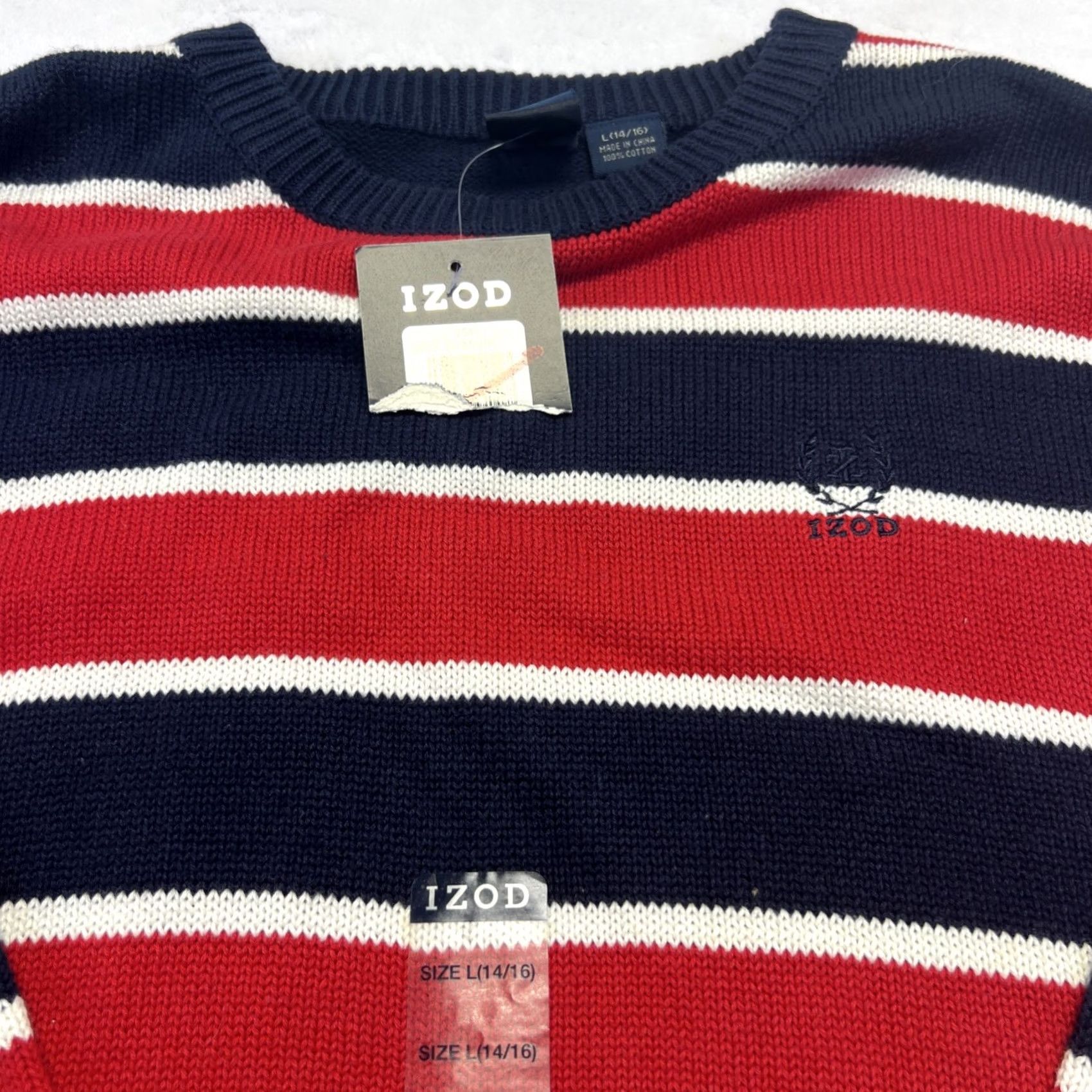 Izod IZOD Mens L Sweater Red Navy Striped Crewneck Logo 100% Cotton NWT Knit Crew Neck Long Sleeve Pullover Vintage? No Size US L / EU 52-54 / 3 - 7 Thumbnail
