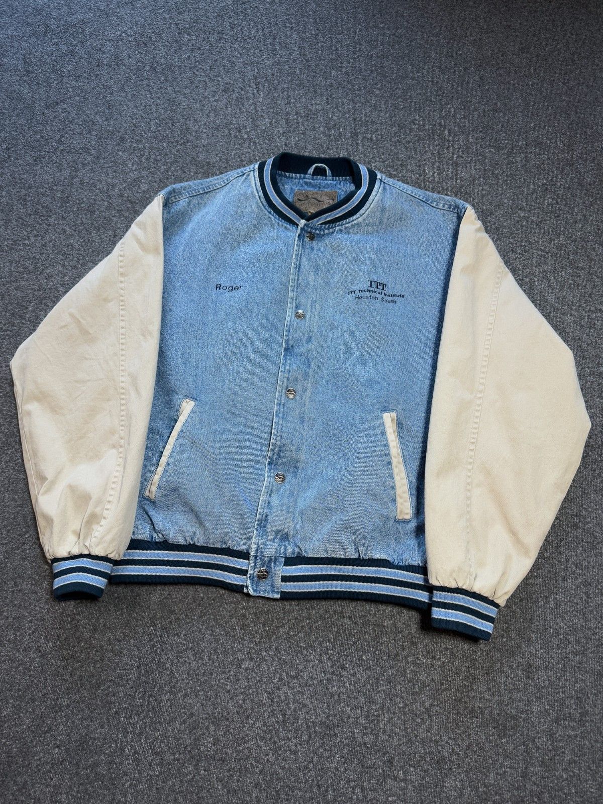 Vintage 90s Denim Varsity Bomber Jacket Workwear Tan Blue XL Size US XL / EU 56 / 4 - 6 Thumbnail