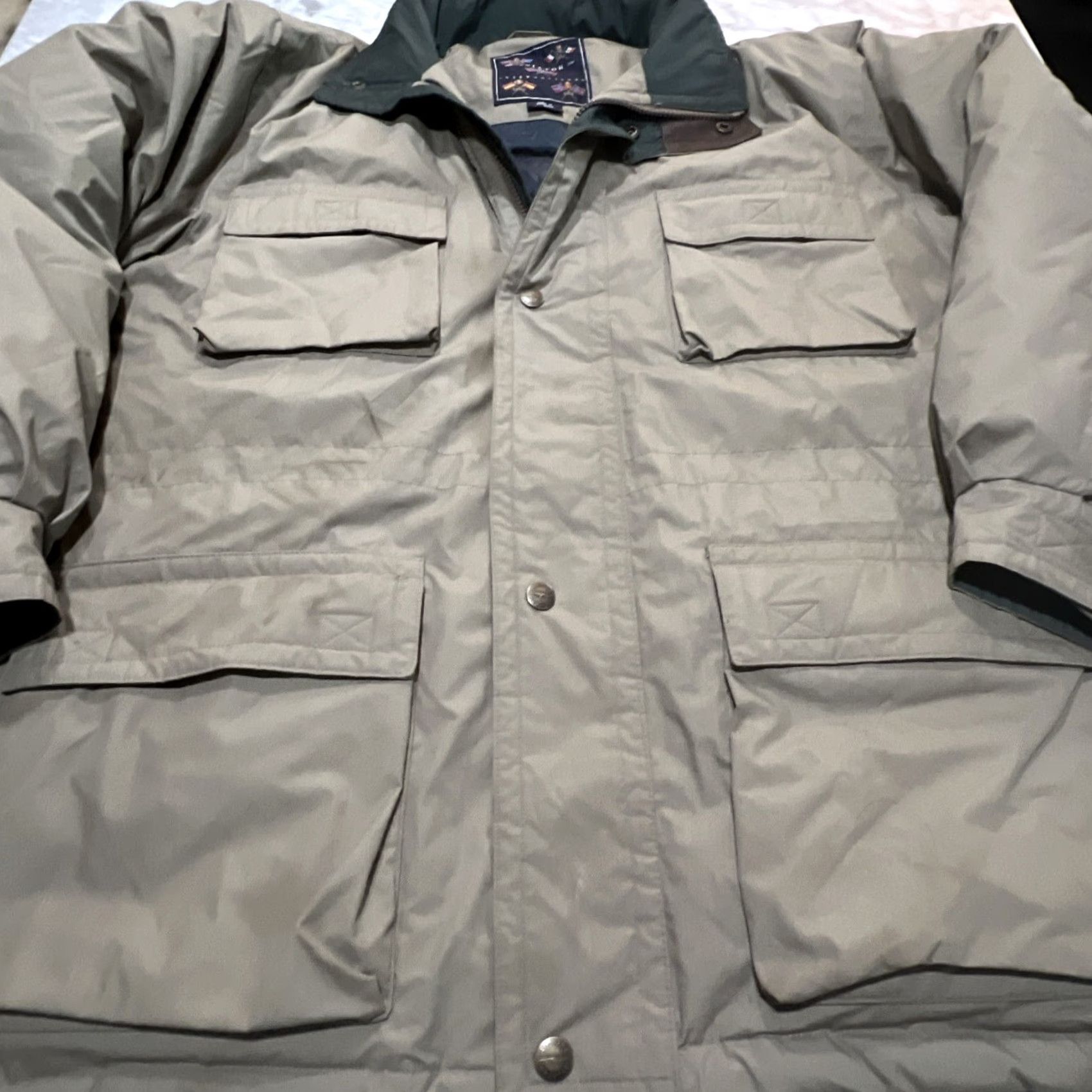 Vintage Aviator International Jacket Mens XL Winter Down Filled Hood Shell Cotton Polyester Khaki Bomber Jacket Regular Fit Mid-Length Zip Front Size US XL / EU 56 / 4 - 2 Thumbnail