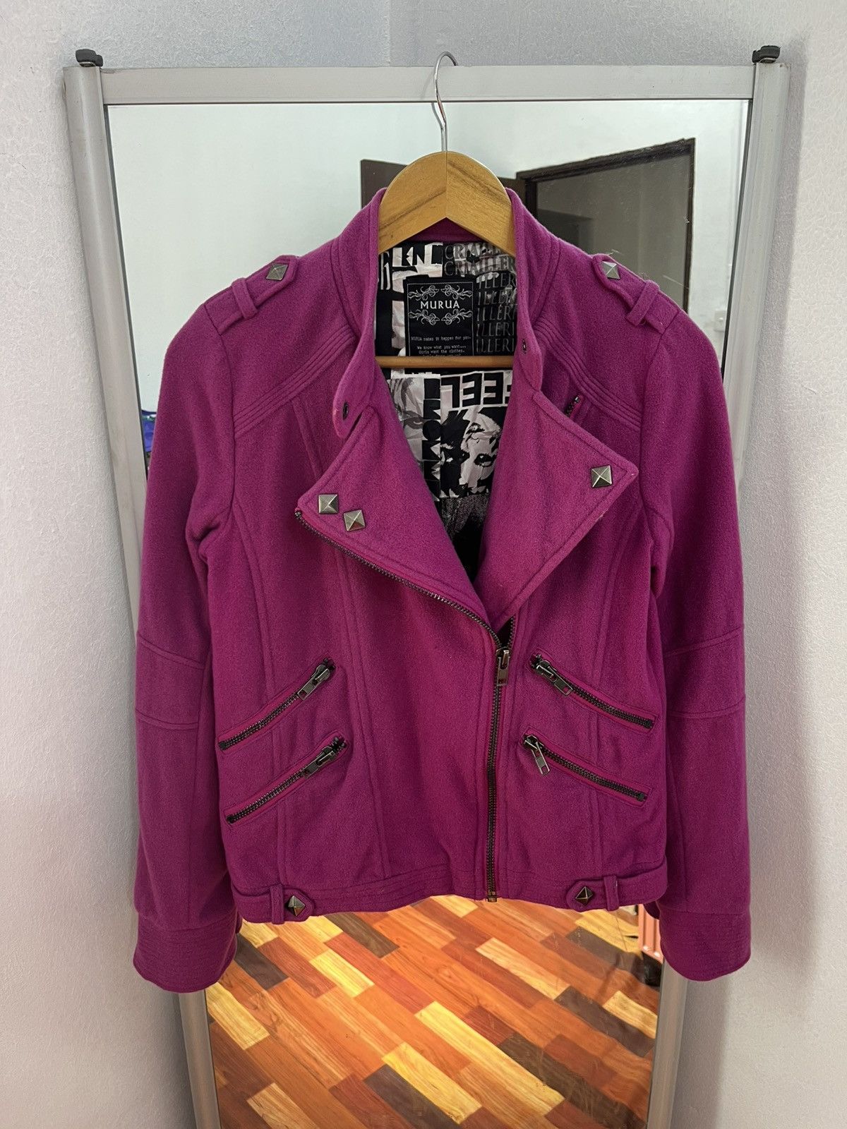 Japanese Brand MURUA Wool Biker Jacket Pink Studded Moto Japan Size S / US 4 / IT 40 - 1 Thumbnail