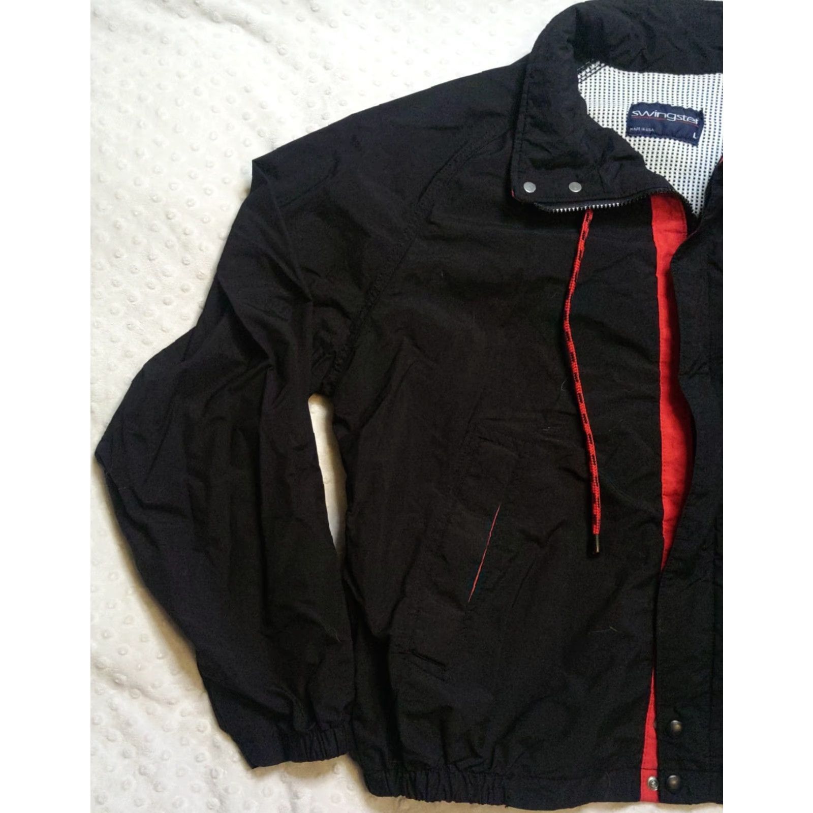 Vintage Swingster Jacket Mens L Black Red Trim Windbreaker Full Zip Snaps Vintage 90s USA Football Baseball Hockey Racing Walking Casual Workwear 46 in Chest Size US L / EU 52-54 / 3 - 3 Thumbnail