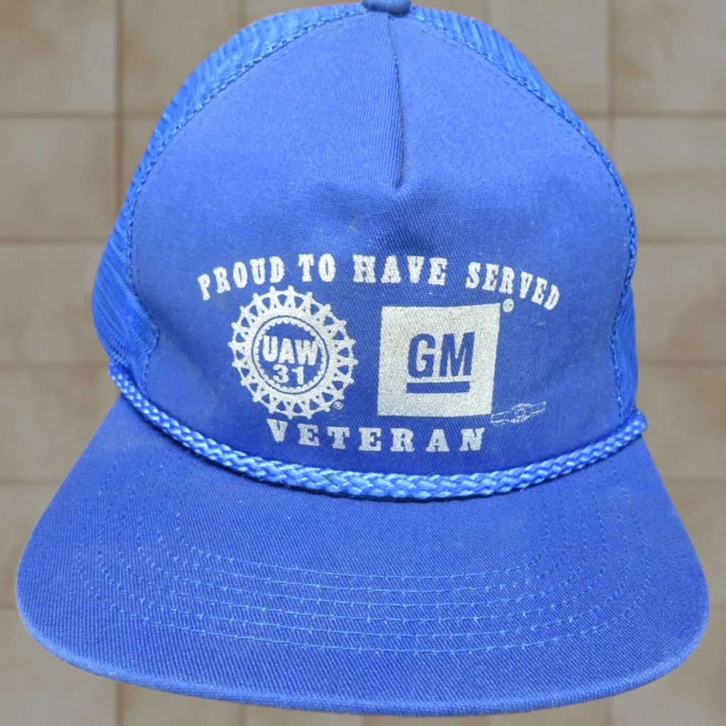 Vintage VINTAGE USA General Motors GM UAW31 Union Proud to have served Veteran made snapback Hat Unisex Adults Trucker Hat Adjustable Blue Size ONE SIZE - 1 Thumbnail