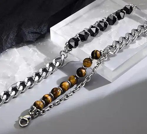 Jewelry Brown Tiger Eye Beaded Chain Bracelet, Chunky Silver Link Size ONE SIZE - 7 Thumbnail