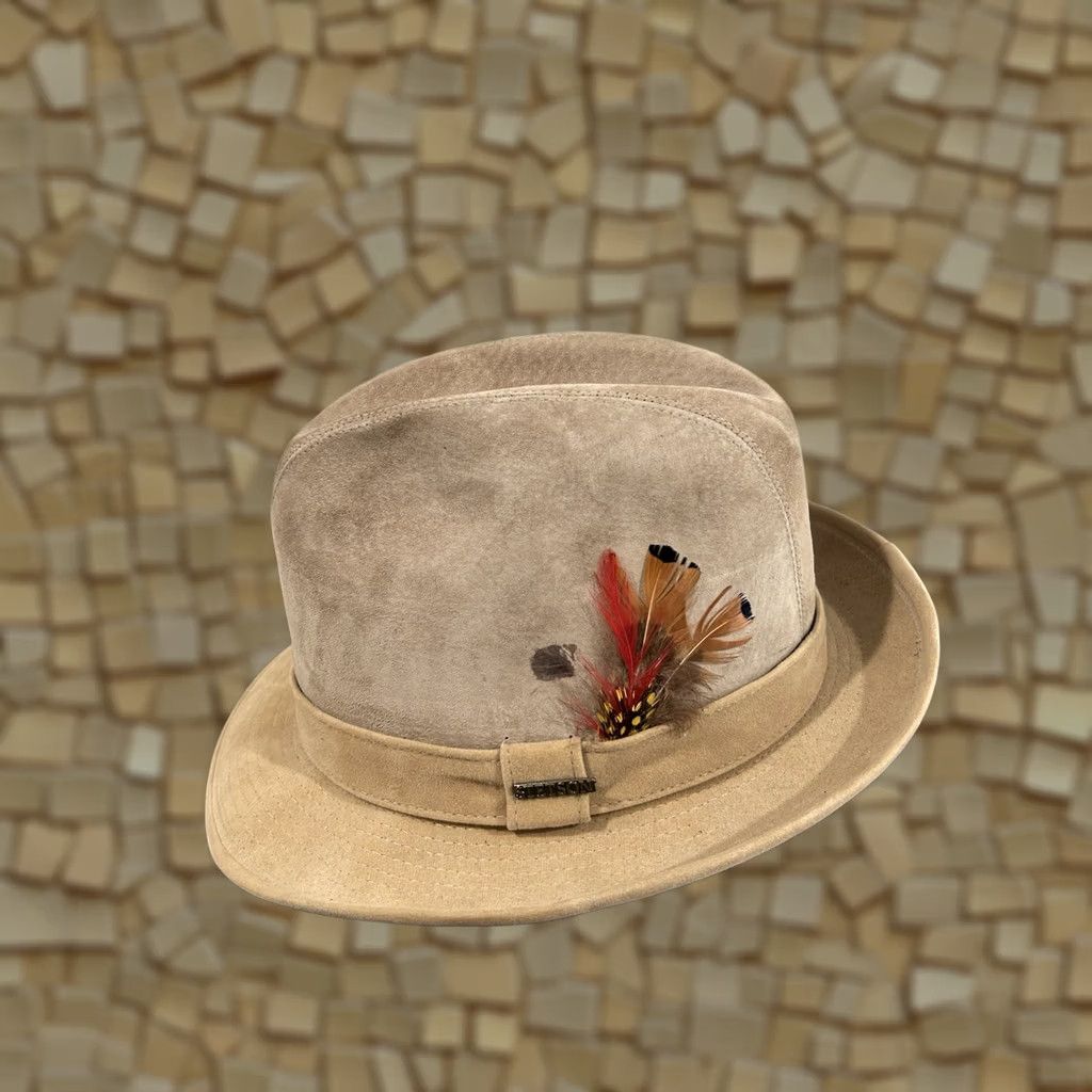 Stetson VINTAGE Stetson Fedora Hat 7 Unisex Tan Suede Leather Feather USA Union Made Size ONE SIZE - 1 Thumbnail