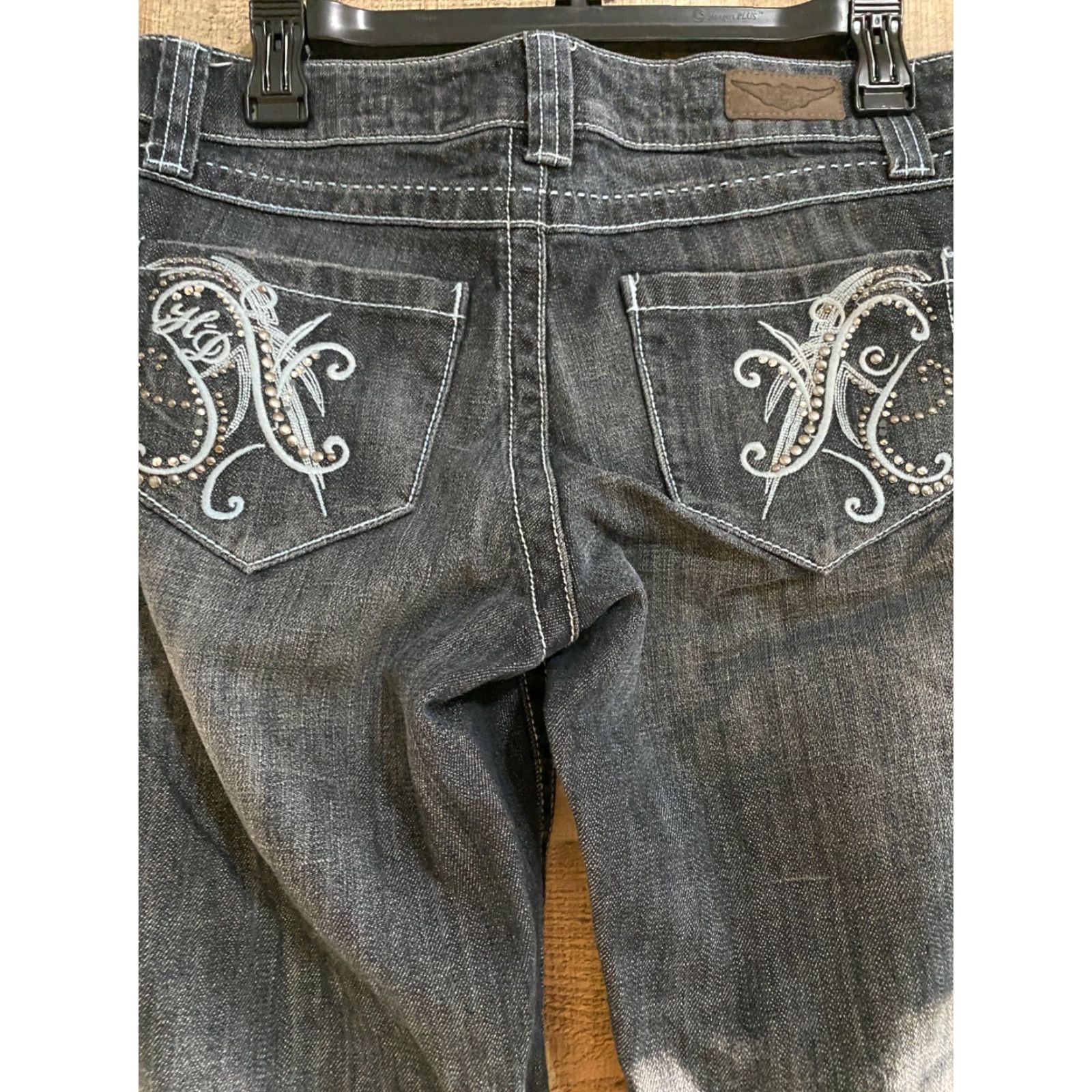 Harley Davidson VINTAGE Women's Harley-Davidson Jeans Petite Gray Size 6 Embroidered Pockets Flared Cotton Blend 28 Inseam Womens Size 28" / US 6 / IT 42 - 3 Thumbnail