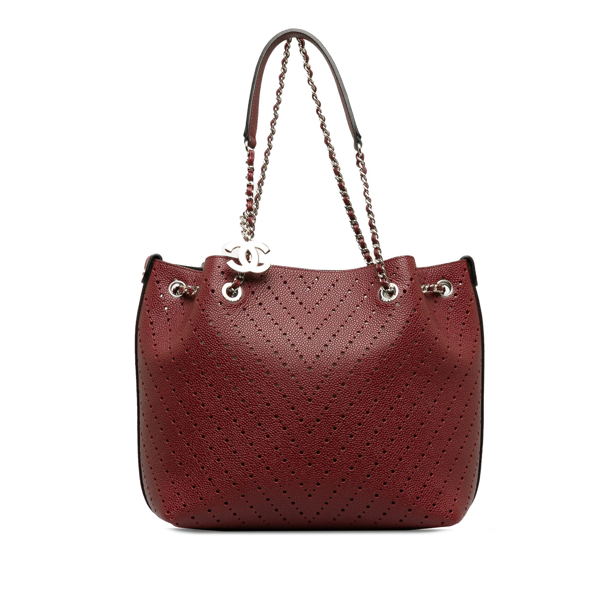 image of Chanel Perforated Caviar Leather Tote Bag in Red, Women's