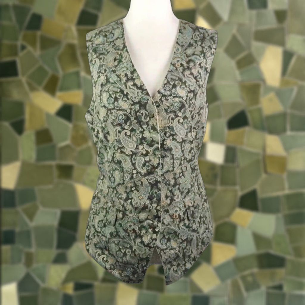 Gap VINTAGE Gap Vest Women's Paisley Tapestry 90s Green M Sleeveless Button Back Cinch Waist Short Length Cute Casual Bohemian 90s Mens Womens Girls Boys Size M / US 6-8 / IT 42-44 - 1 Thumbnail