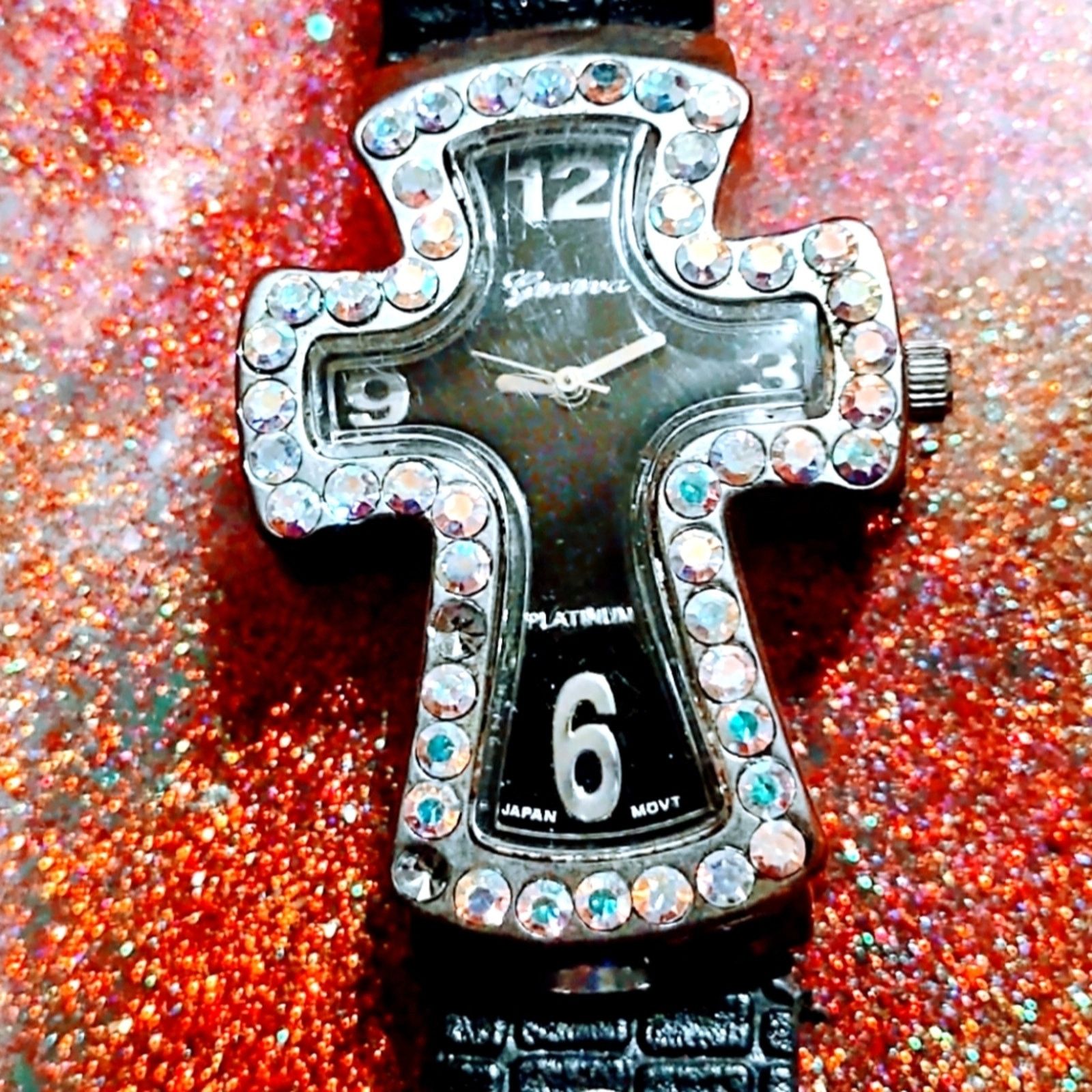 Vintage Gorgeous is this Geneva Platinum cross watch w/rhinestones Size ONE SIZE - 1 Thumbnail