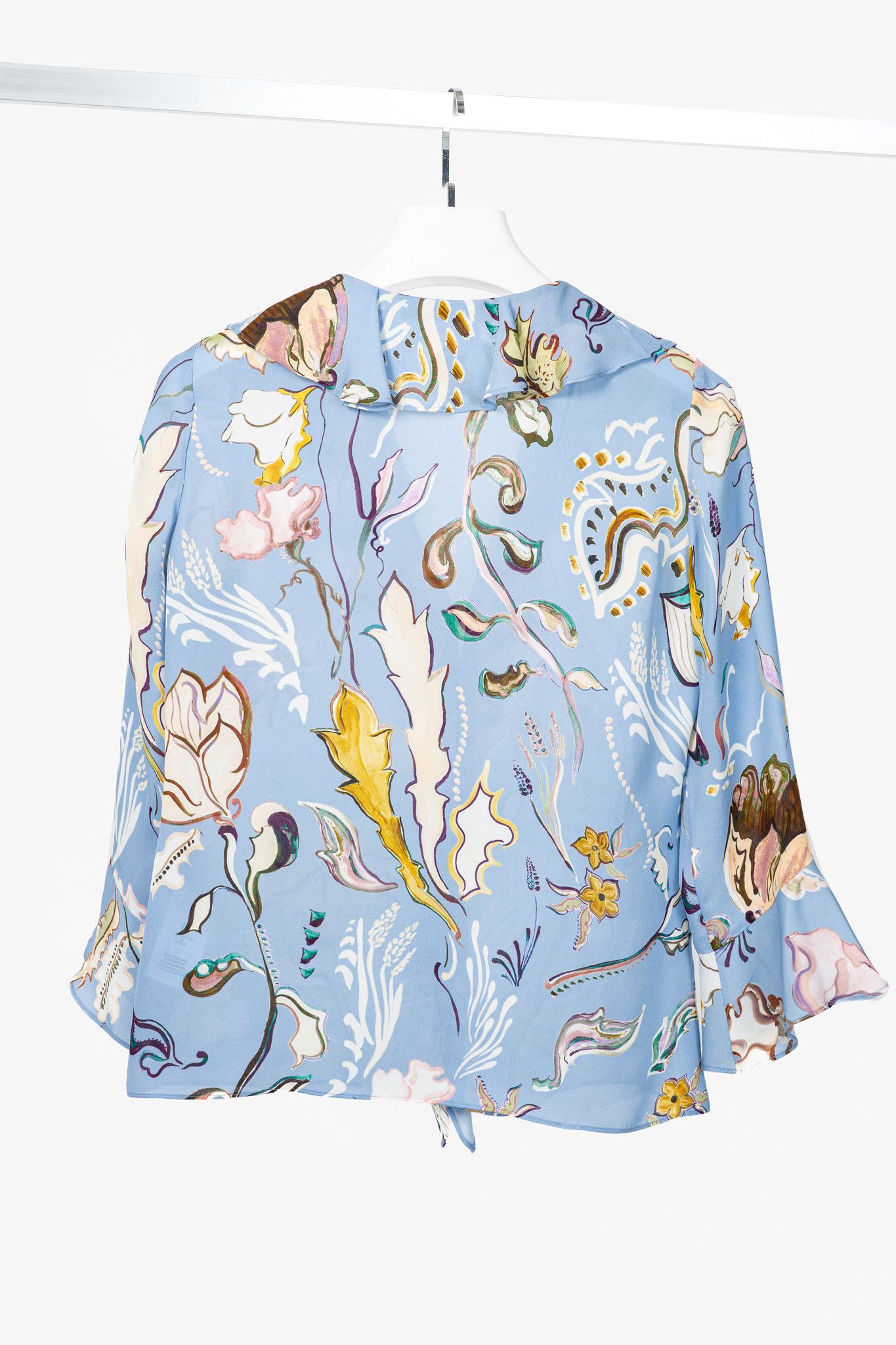 DOROTHEE SCHUMACHER Dorothee Schumacher Floral Twist Blue Silk Ruffle Blouse Size XS / US 0-2 / IT 36-38 - 2 Thumbnail