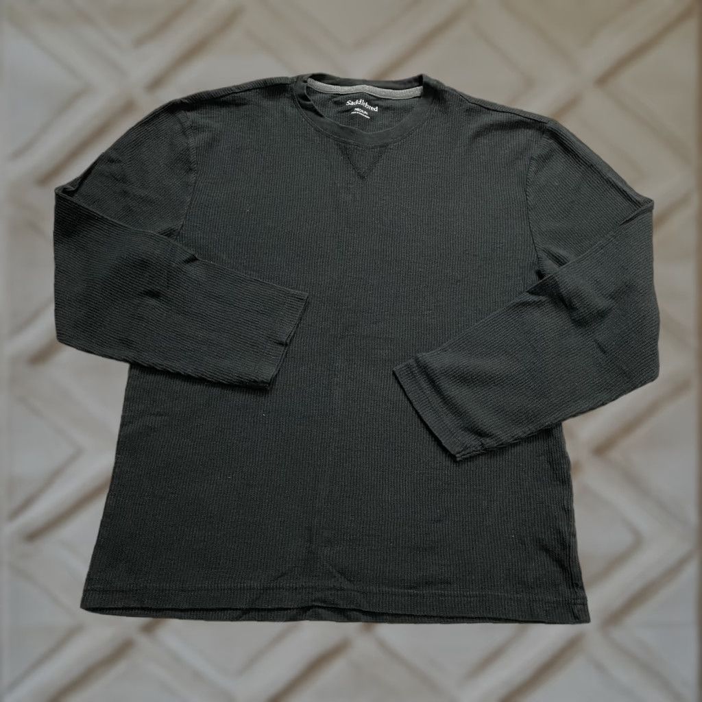 Vintage Saddlebred Mens Shirt Long Sleeve Black Crew Neck Solid Tee Waffle Cotton Polyester Size US M / EU 48-50 / 2 - 1 Thumbnail