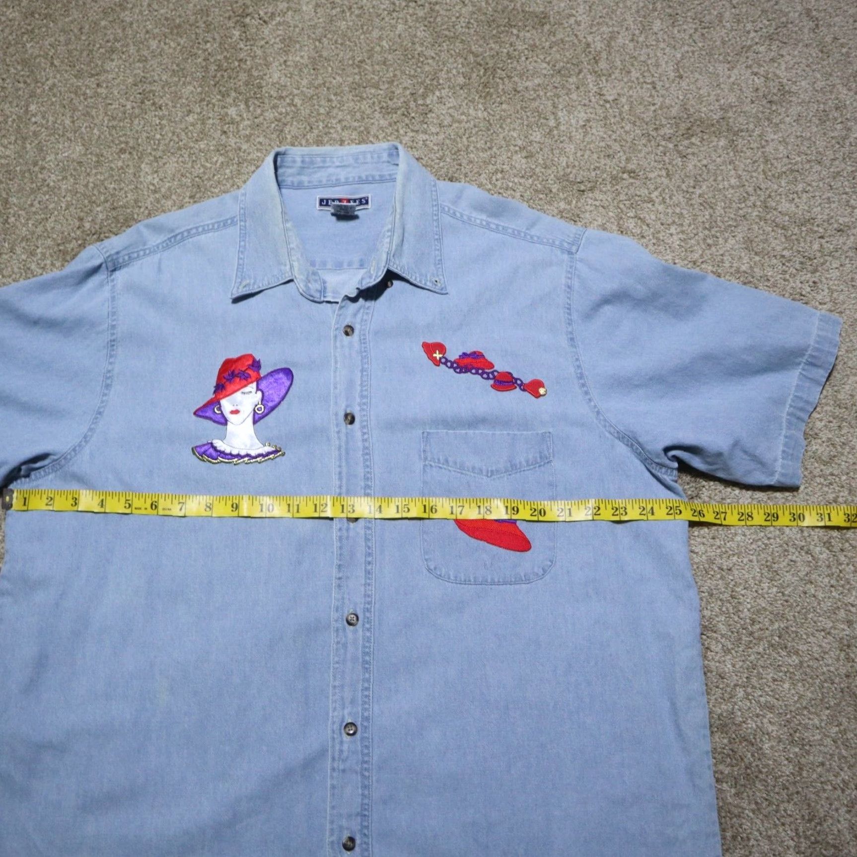 Denime Harriton Shirt Women XL Blue Denim Short Sleeve Button-Down Front Pocket Embroidered 100% Cotton Size XL / US 12-14 / IT 48-50 - 5 Thumbnail