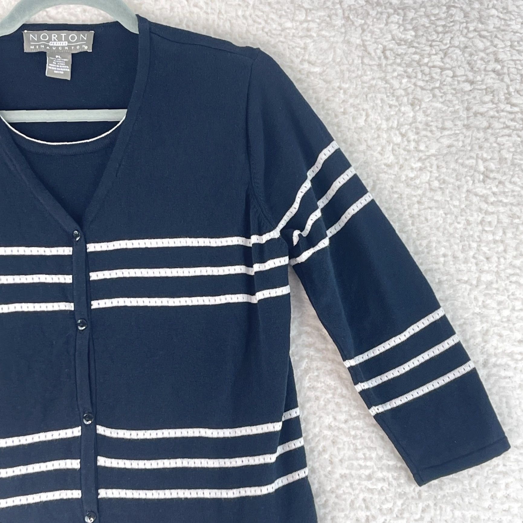 Vintage Norton McNaughton Petites Black Striped Sweater Womens 3/4 Sleeve Size PL Pullover Knit Cardigan? Size L / US 10 / IT 46 - 3 Thumbnail