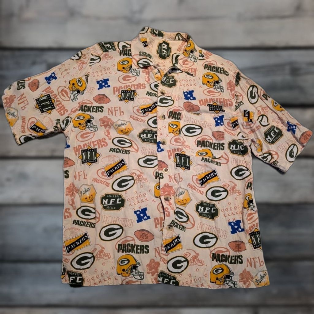 NFL VINTAGE Green Bay Packers AOP Hawaiian Shirt Mens Beige Short Sleeve Button Up Size S/M Size US S / EU 44-46 / 1 - 1 Thumbnail