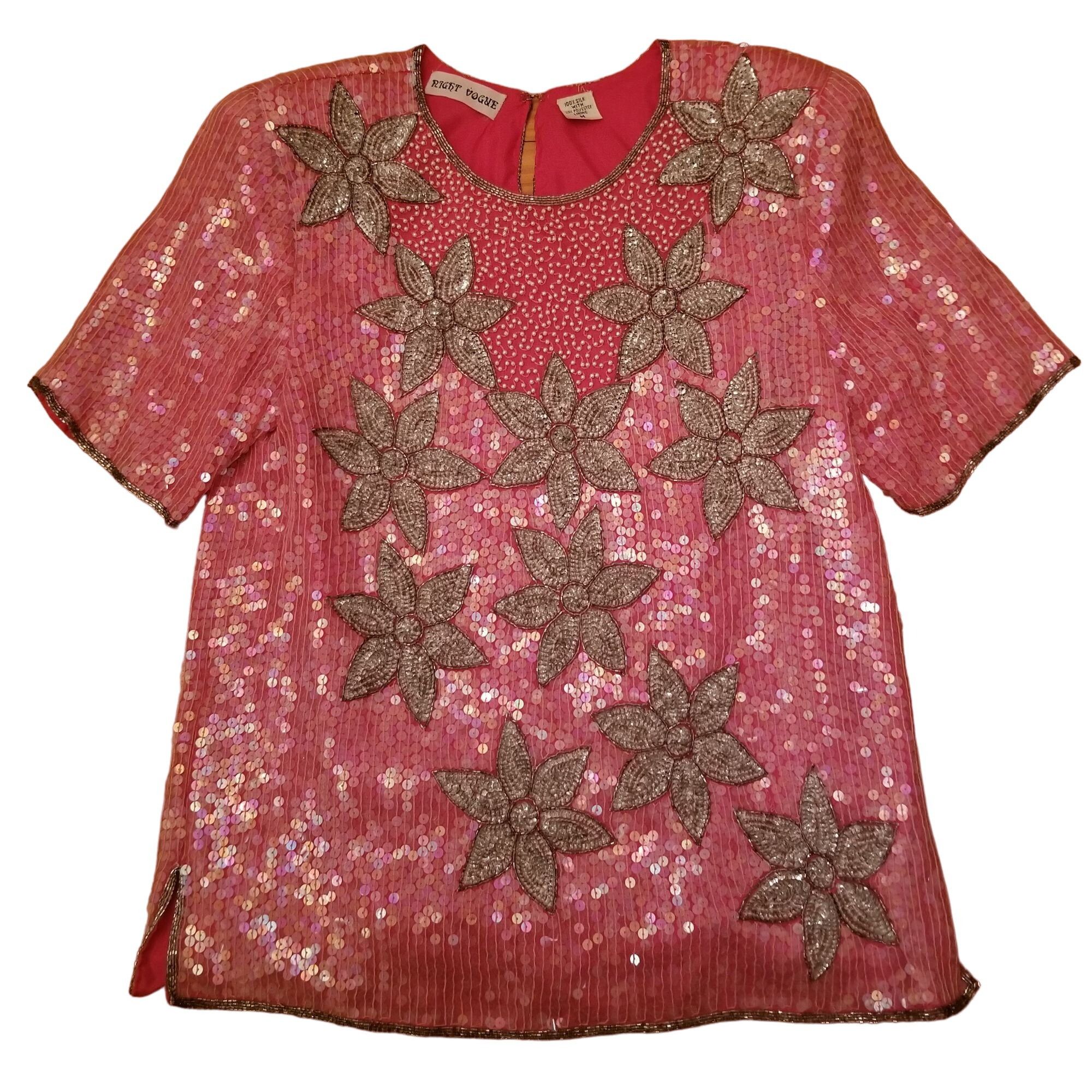 Night Vogue M Pink Barbiecore Silk Beaded Top Vintage Cospla