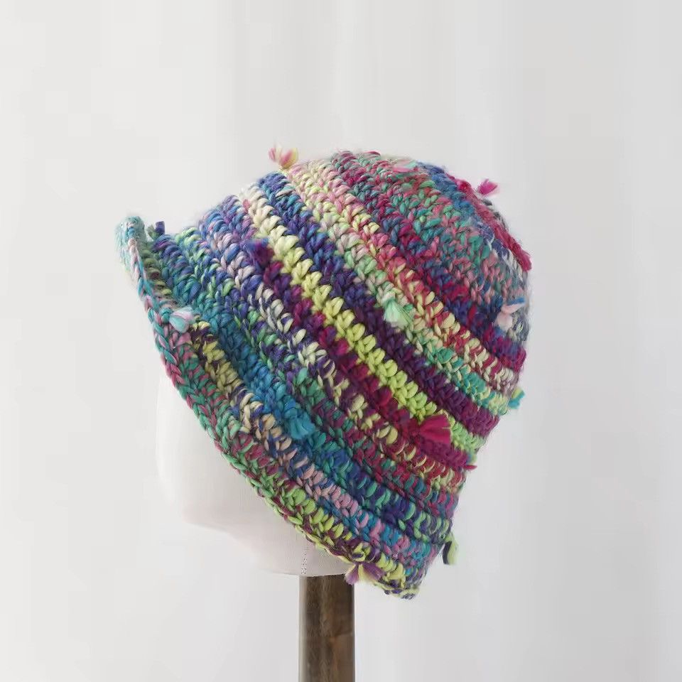 Japanese Brand Retro Color-blocked Striped Woolen Hand-knitted Bucket Hat Size ONE SIZE - 3 Thumbnail