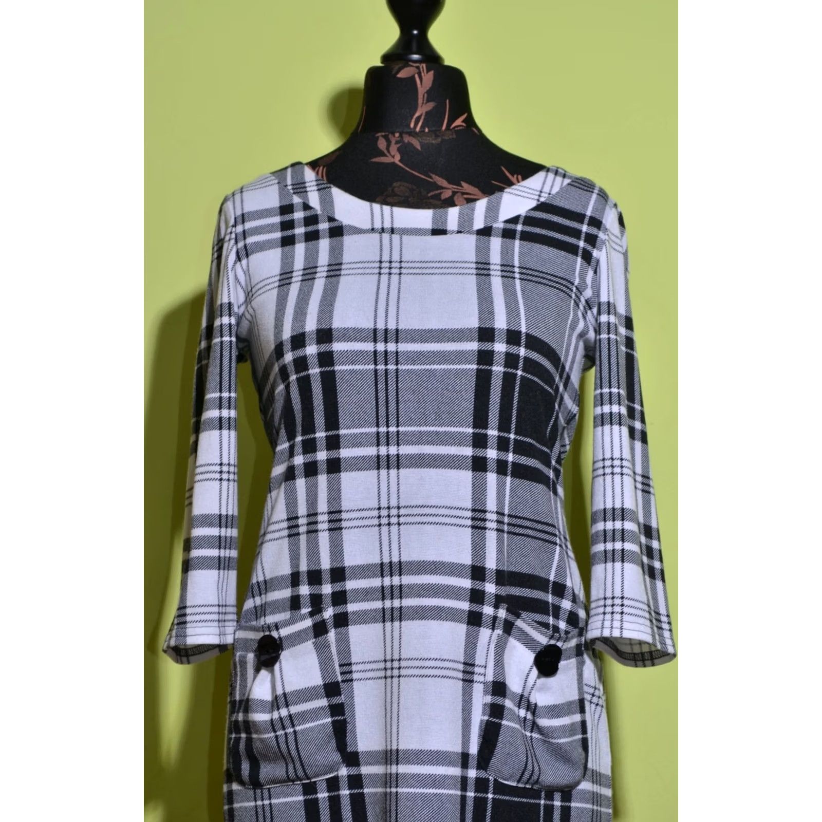 Joseph Ribkoff Joseph Ribkoff Dress Women's Long Sleeve Checked Pockets Knee Length Boat Neck Size 10 White Black Size L / US 10 / IT 46 - 2 Thumbnail
