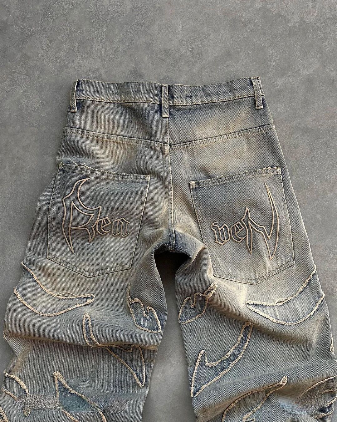 Designer × Japanese Brand × Vintage Retro Raw Edge Embroidery Baggy Jeans Size US 27 - 4 Thumbnail