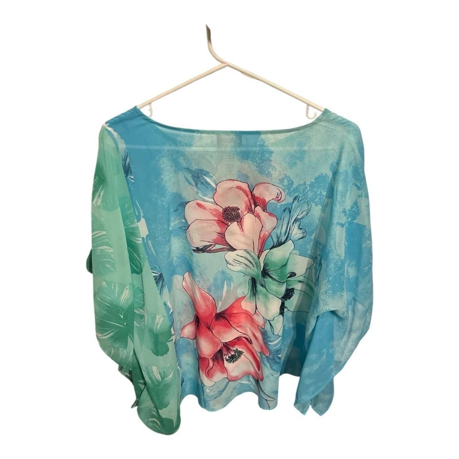 Chicos Chico's Aqua Blue Floral Boatneck Scoop Top Size M / US 6-8 / IT 42-44 - 2 Thumbnail
