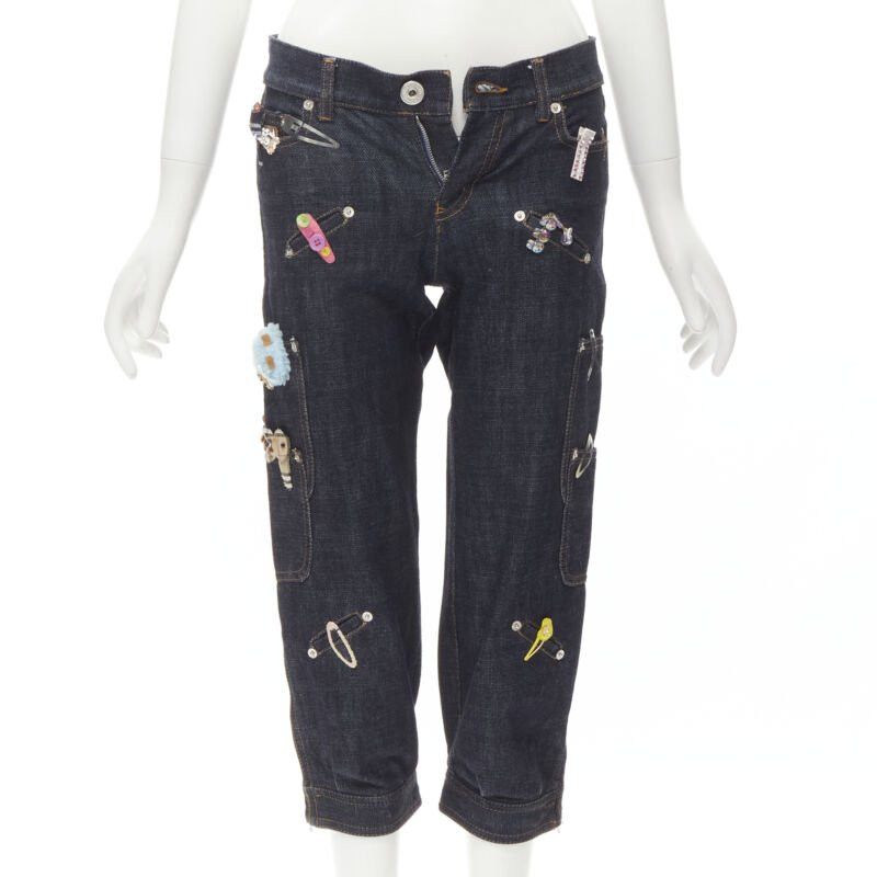 Moschino rare MOSCHINO JEANS Vintage dark denim hair clip embroidered cargo jeans IT38 XS Size 26" / US 2 / IT 38 - 1 Thumbnail