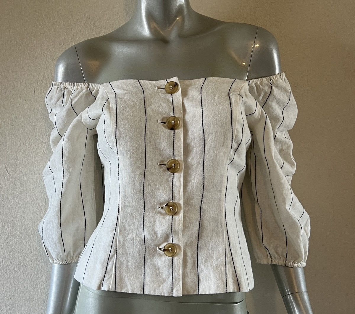 Forever 21 Striped Linen Puff Sleeve Crop top Size M / US 6-8 / IT 42-44 - 1 Thumbnail