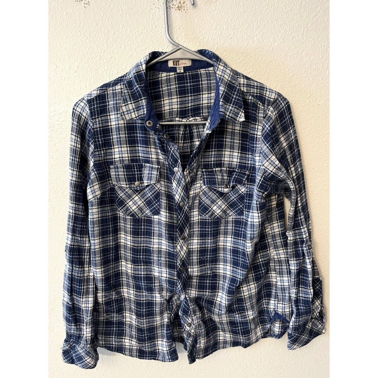 Vintage KUT from the Kloth Womens Plaid Shirt Blue White Snap Front Button Front Collared 100% Cotton Size M Size M / US 6-8 / IT 42-44 - 2 Thumbnail