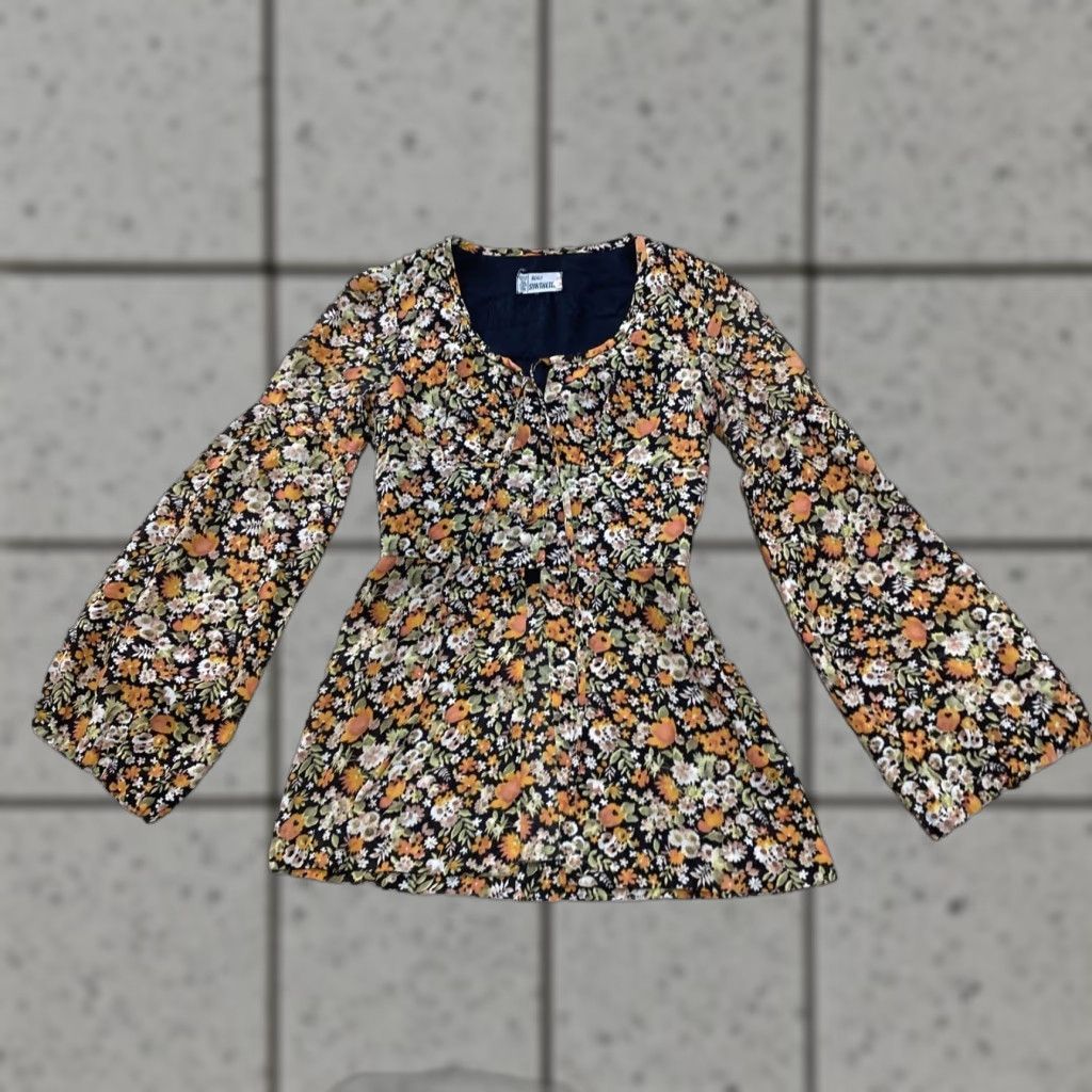 Bell VINTAGE 100% Synthetics VTG Tunic Women 38 Orange Green Floral Bell Sleeve 70s Hippie Shirt Size XS / US 0-2 / IT 36-38 - 1 Thumbnail